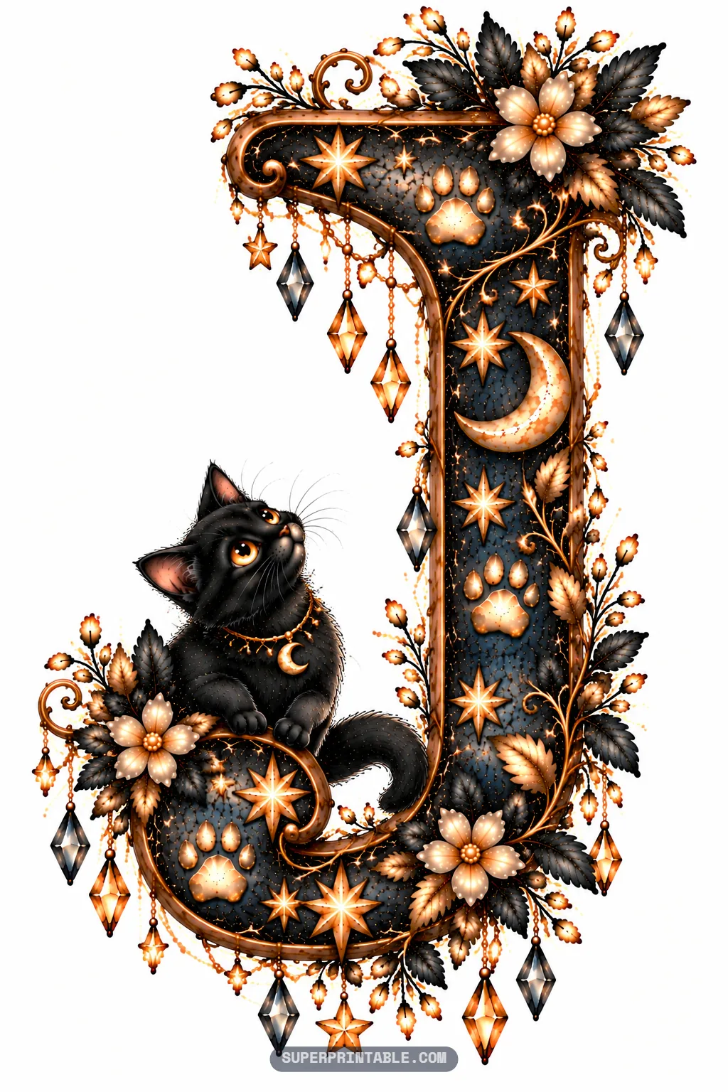 Stylized letter J with amber crystal droplets and a sweet black cat in the curve