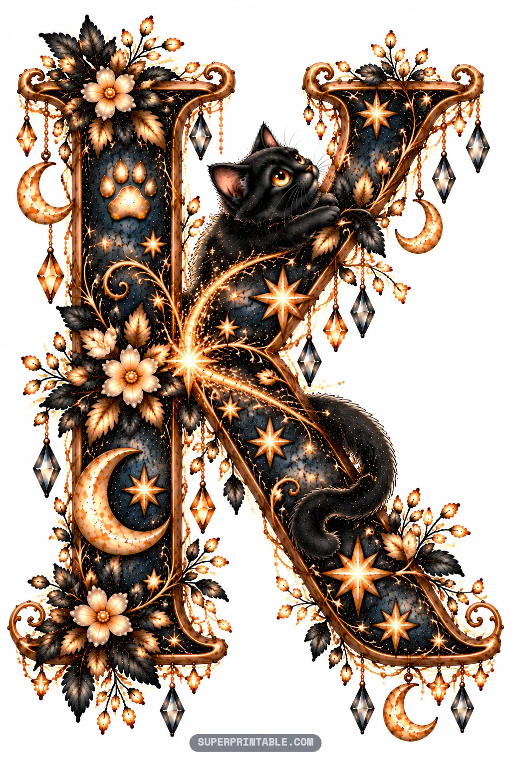 Ornate letter K with a playful black cat holding on to the top diagonal branch