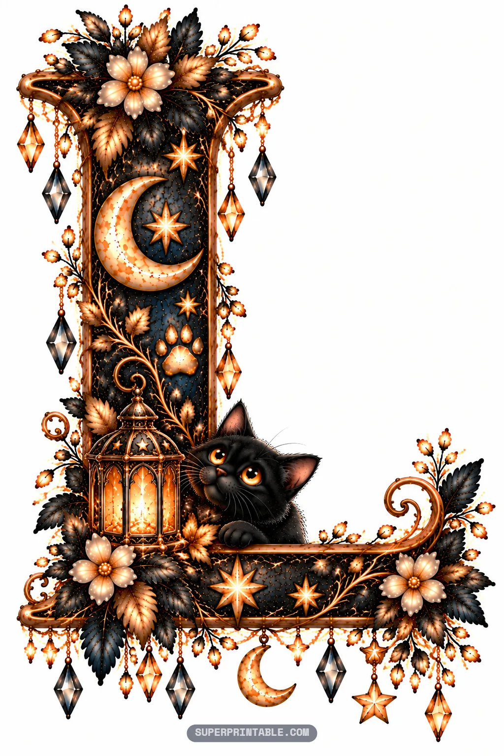 Letter L featuring a lit vintage lantern with a black cat peeking from behind
