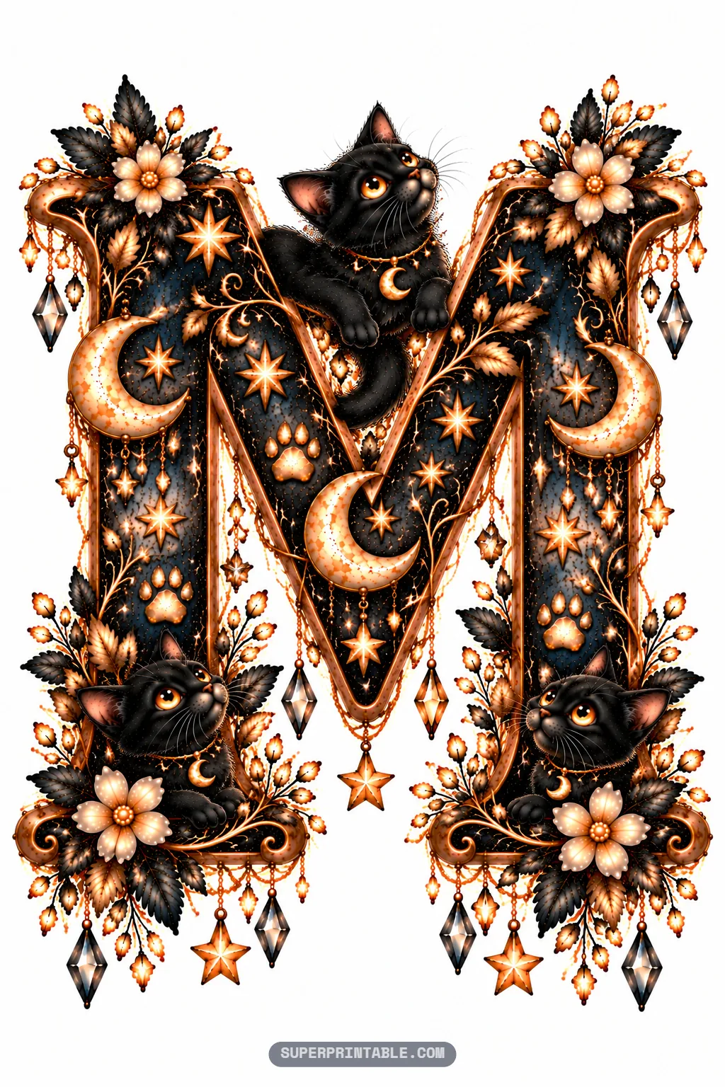 Majestic letter M displaying three black cats among celestial stars and moons