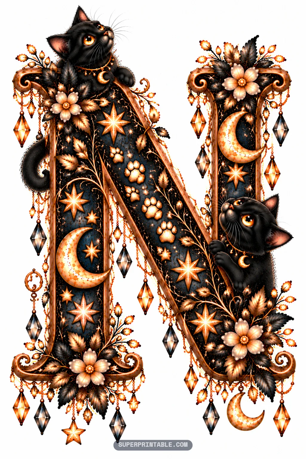 Letter N accented with twin black cats, paw print emblems, and crescent charms