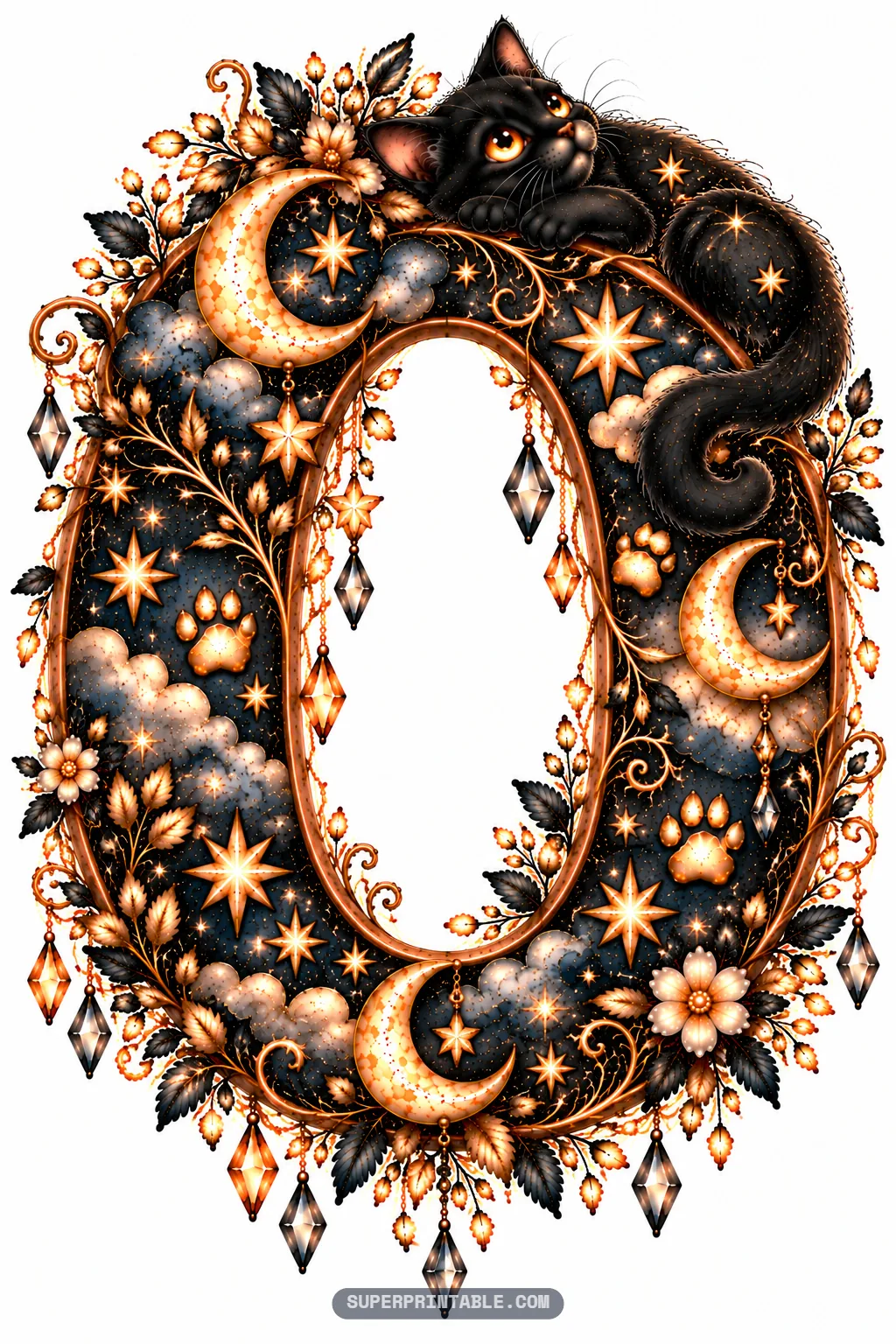 Circular wreath letter O with starry night sky textures and a resting black cat