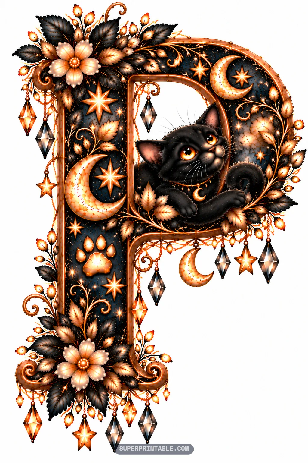 Capital letter P with a cozy black cat curled comfortably inside the top bowl