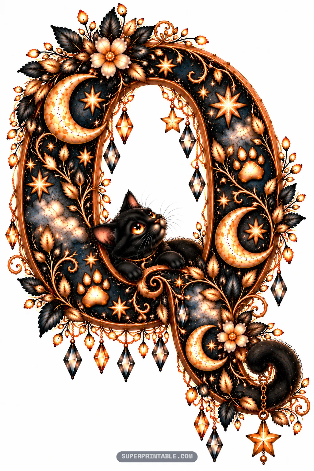 Elaborate letter Q featuring a black cat inside and a fluffy tail forming the leg