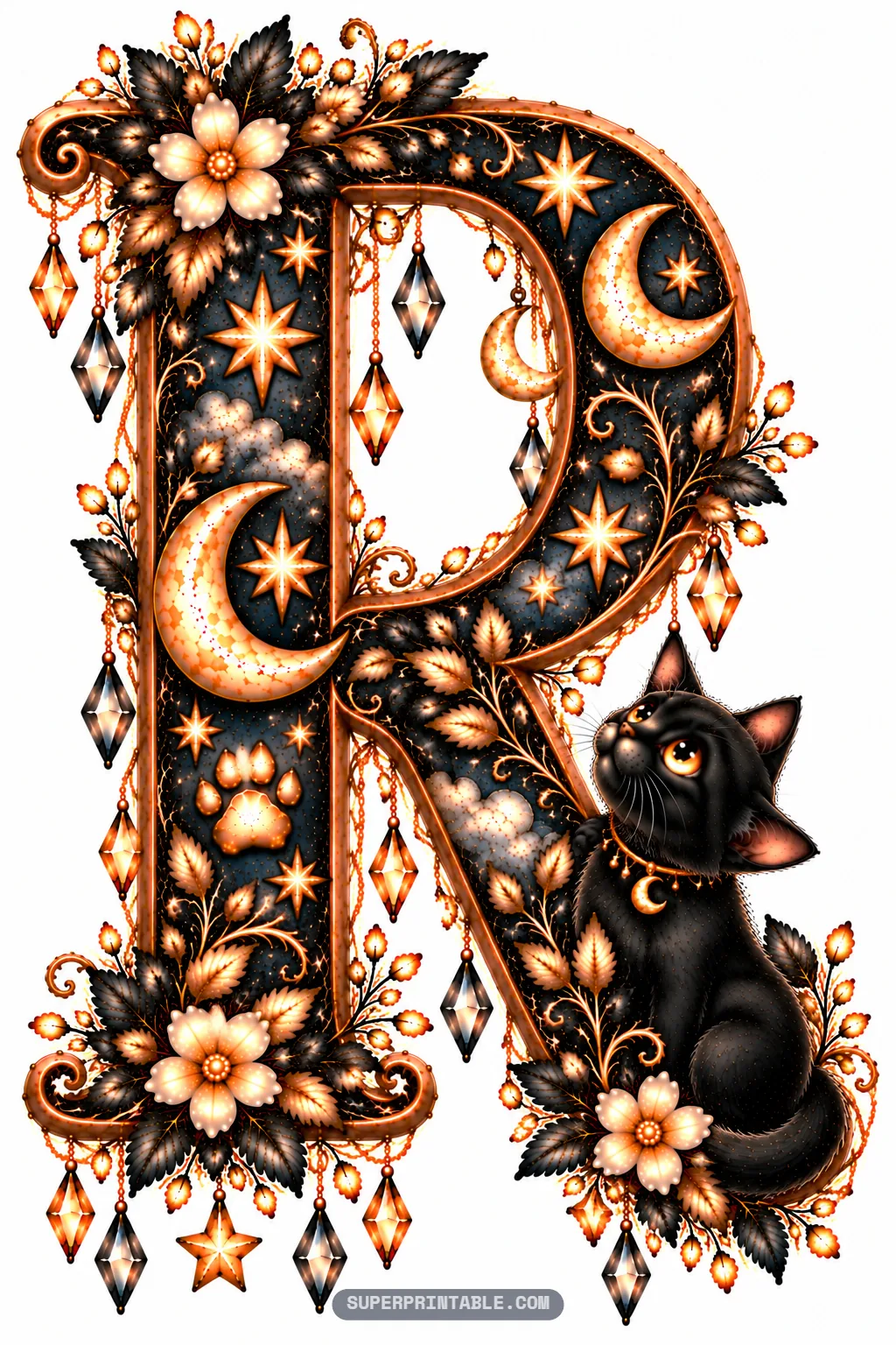 Ornate letter R design with starry botanical vines and a seated black kitten