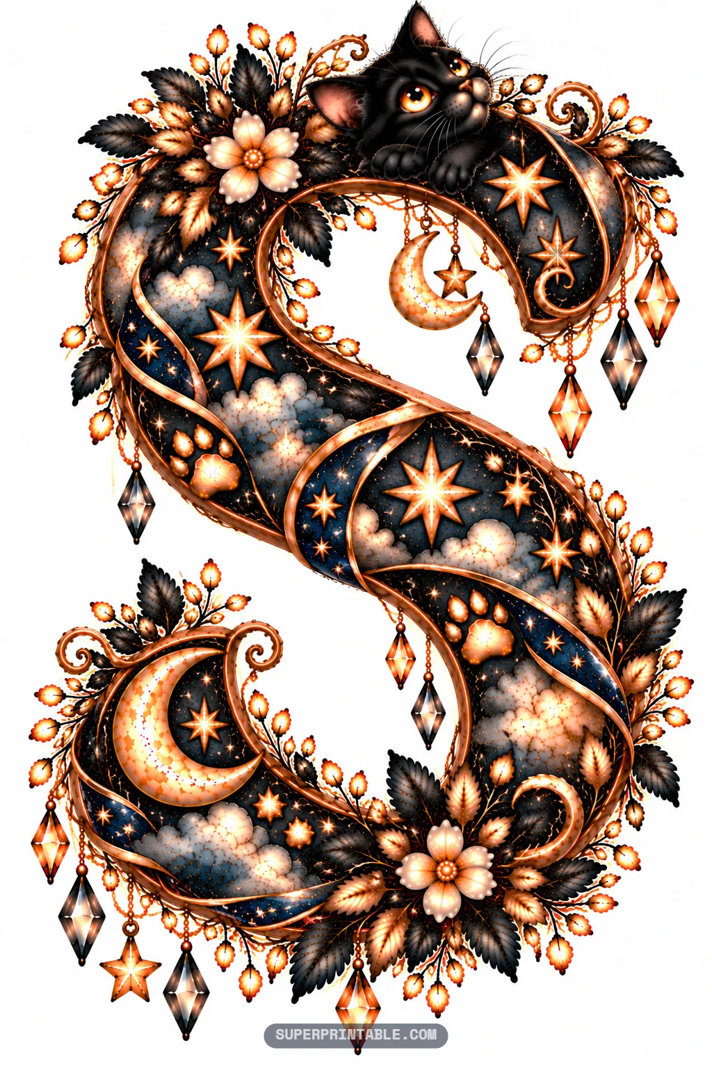 Curved letter S with night sky clouds, starbursts, and a black cat resting on top