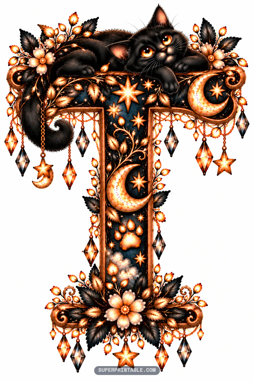 Letter T decorated with glowing crescent moons and a black kitten on the crossbar