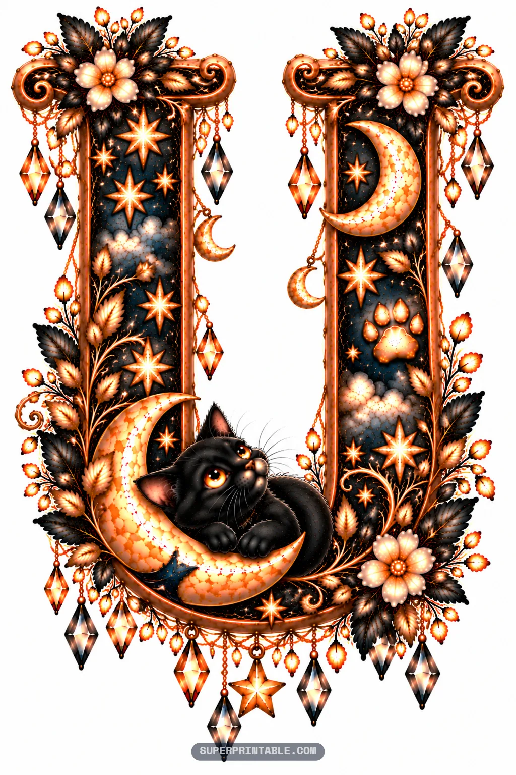 Letter U cradling a black cat inside a bright crescent moon with hanging crystals