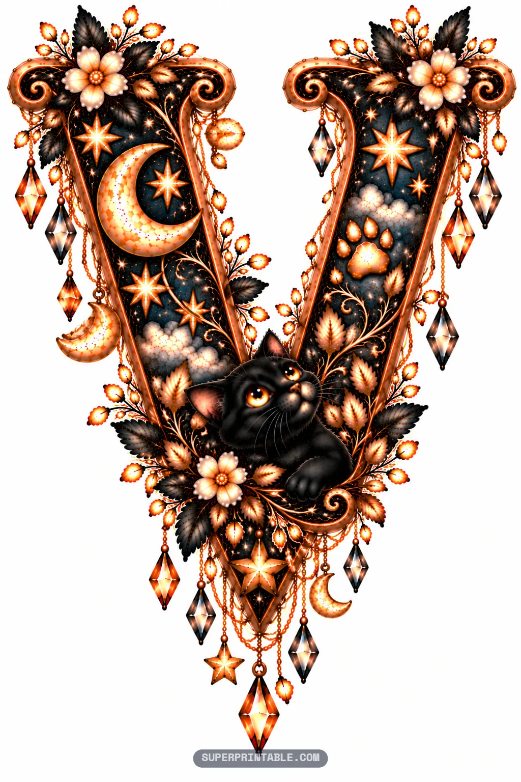 V-shaped monogram with crystal droplets, starry flowers, and a sweet black kitten