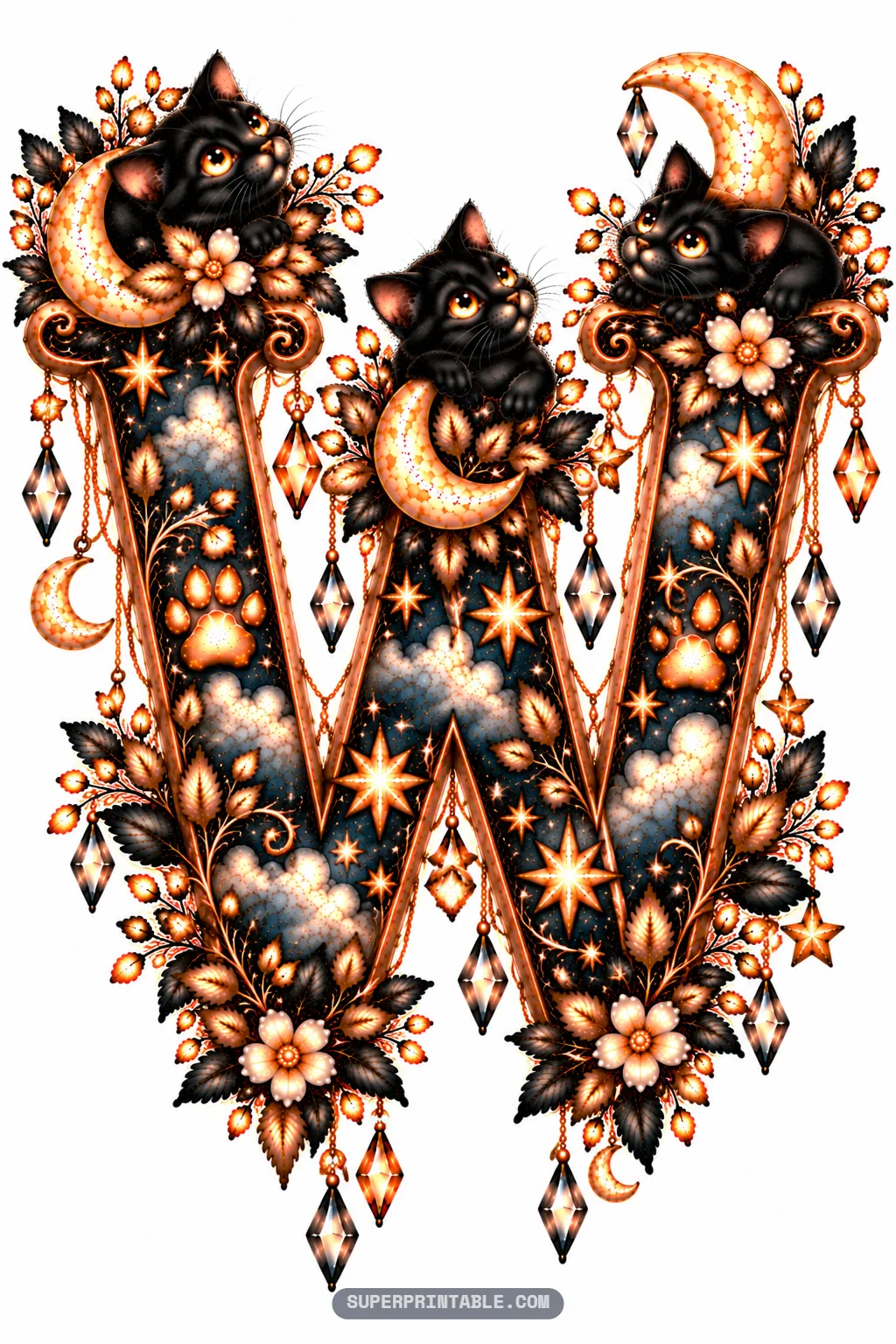 Detailed letter W artwork adorned with three black kittens and crystal pendants