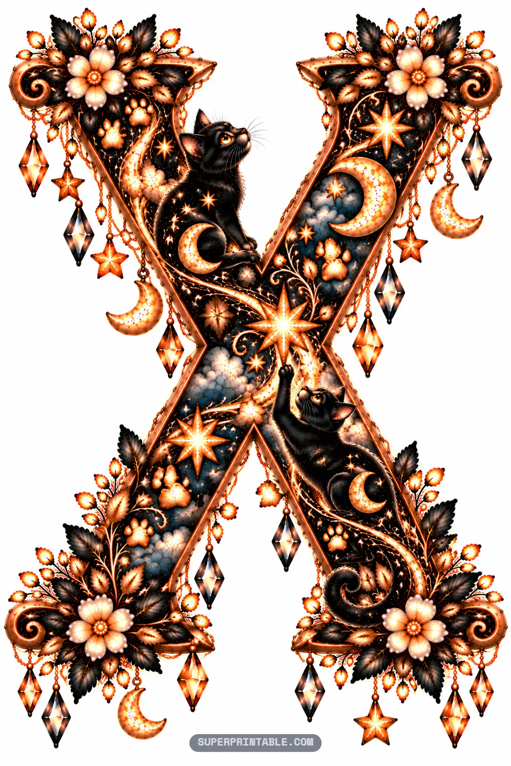 Intersecting letter X featuring two black cats among glowing paw prints and stars