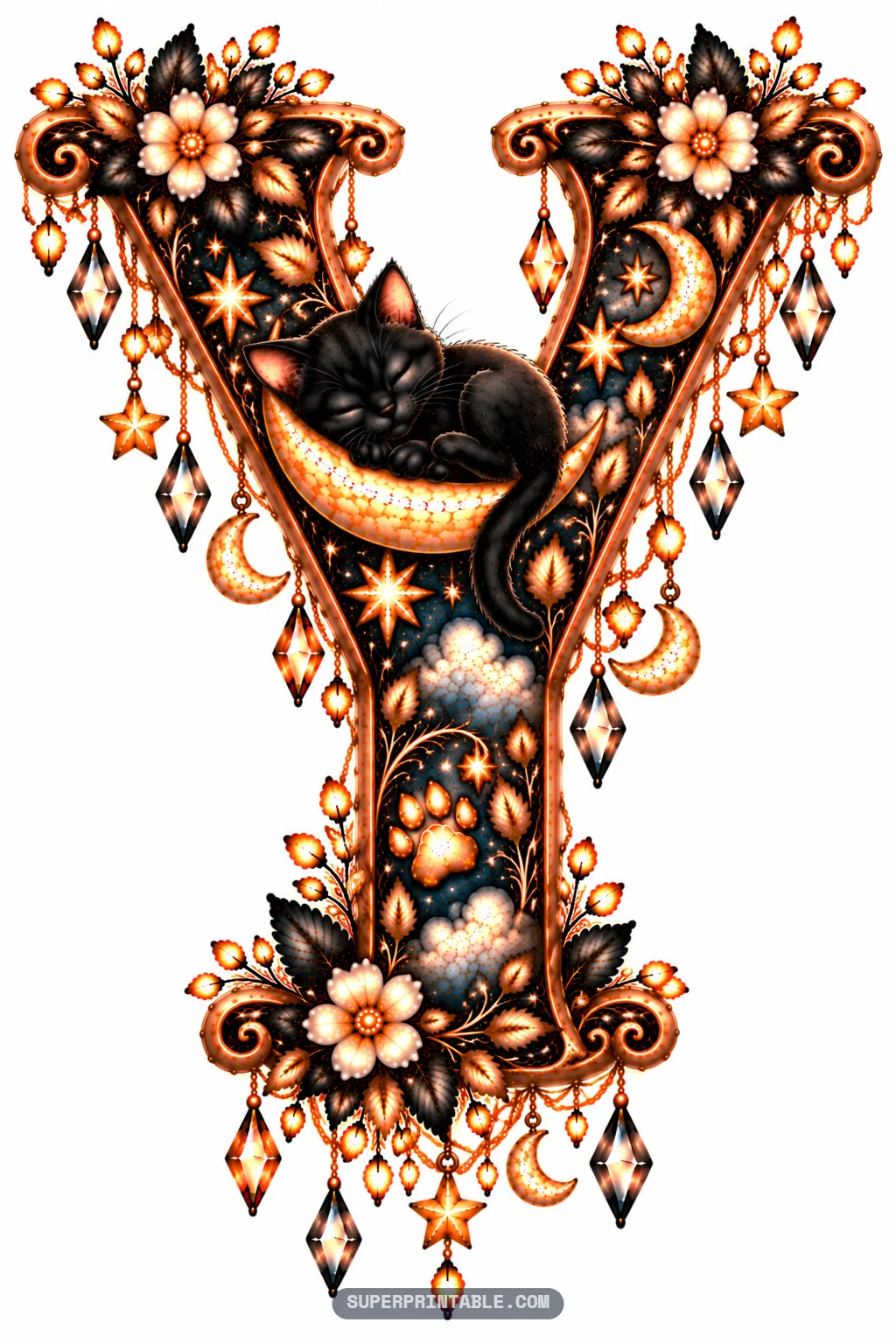Capital letter Y displaying a sleeping black cat resting upon a crescent cradle
