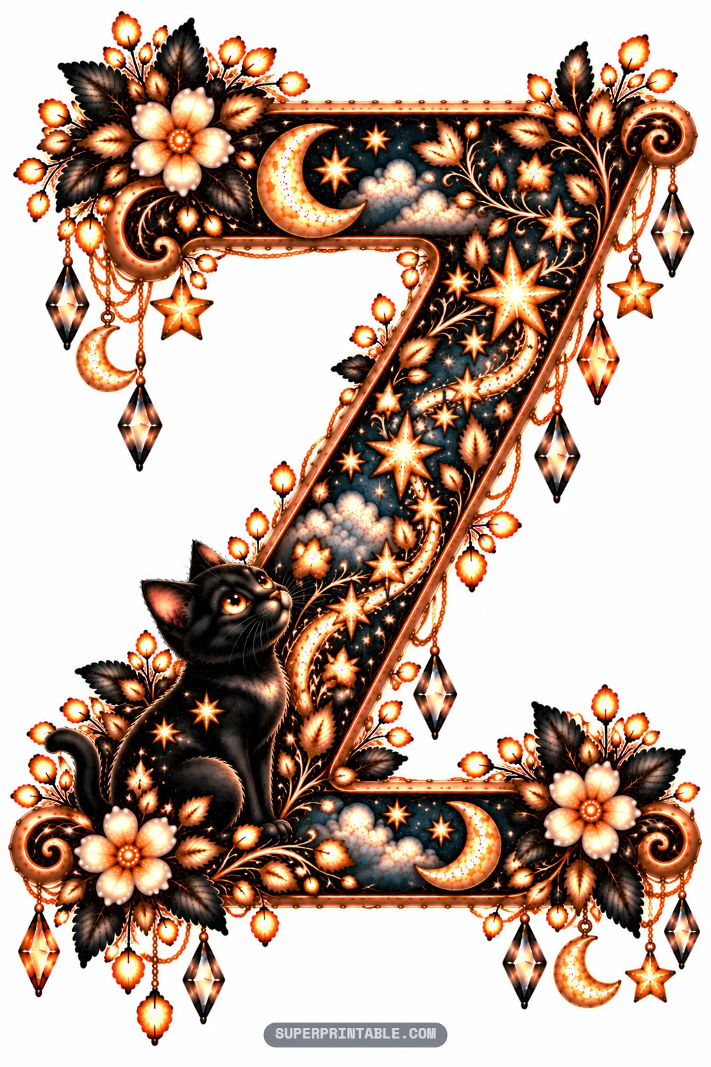 Zigzag letter Z adorned with warm glowing blossoms and an alert black cat seated
