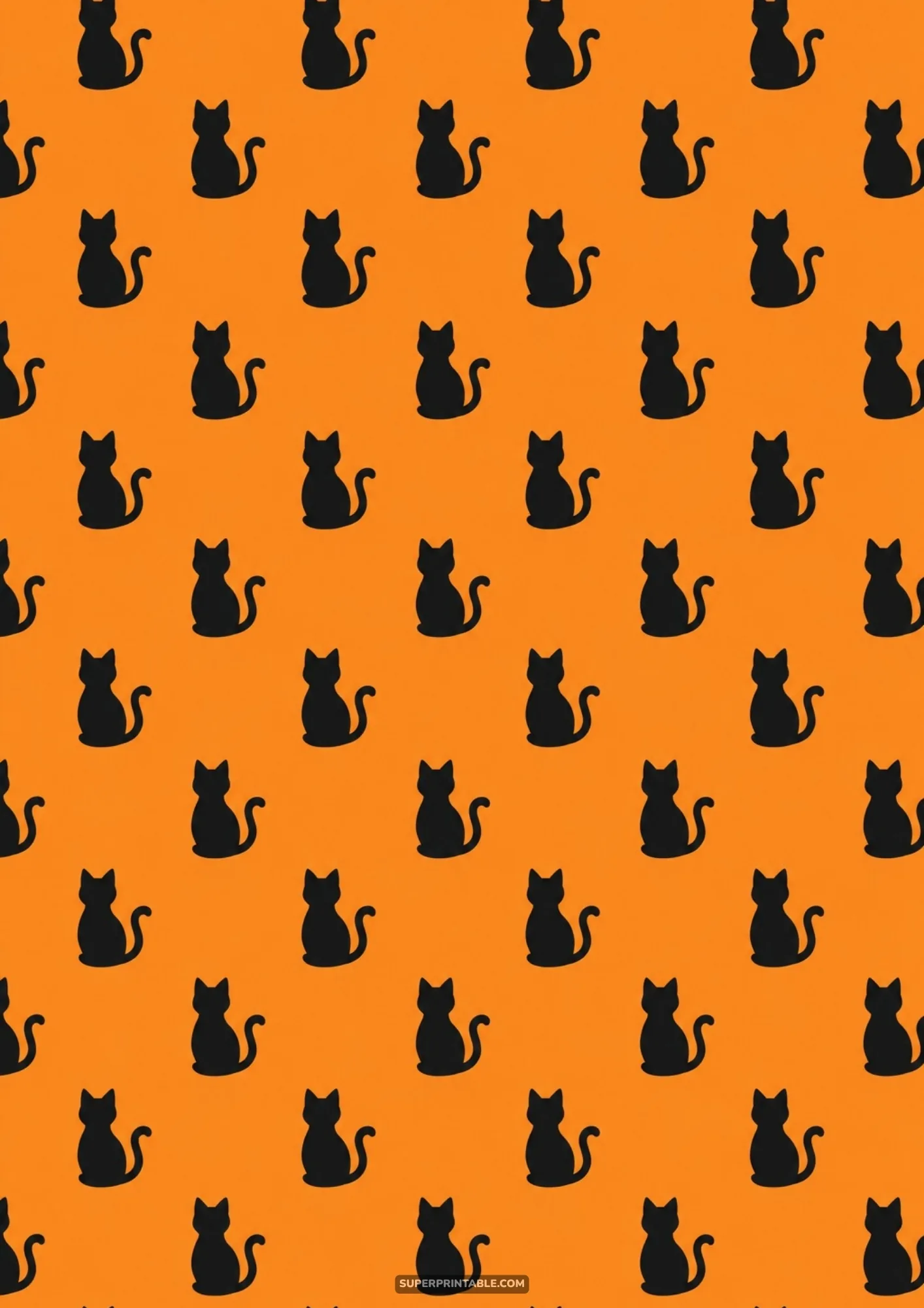 Neat repeating rows of seated black cat silhouettes with curled tails on a vivid orange background.
