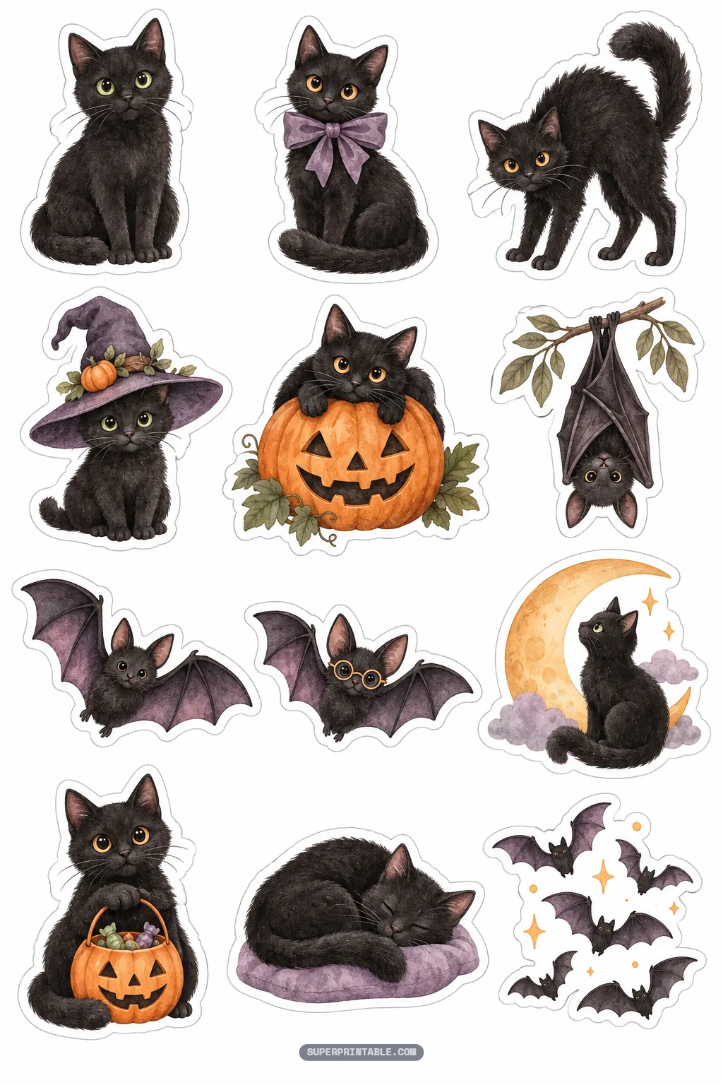 Playful black cat and bat sticker designs with witch hats, pumpkins, starry crescent moons, and purple wings