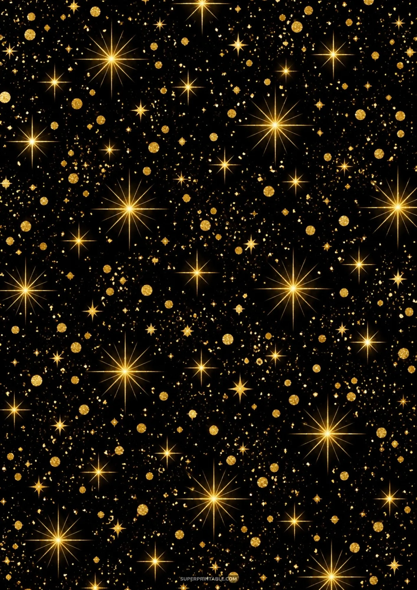 Brilliant golden starbursts and glitter particles scattered across black night