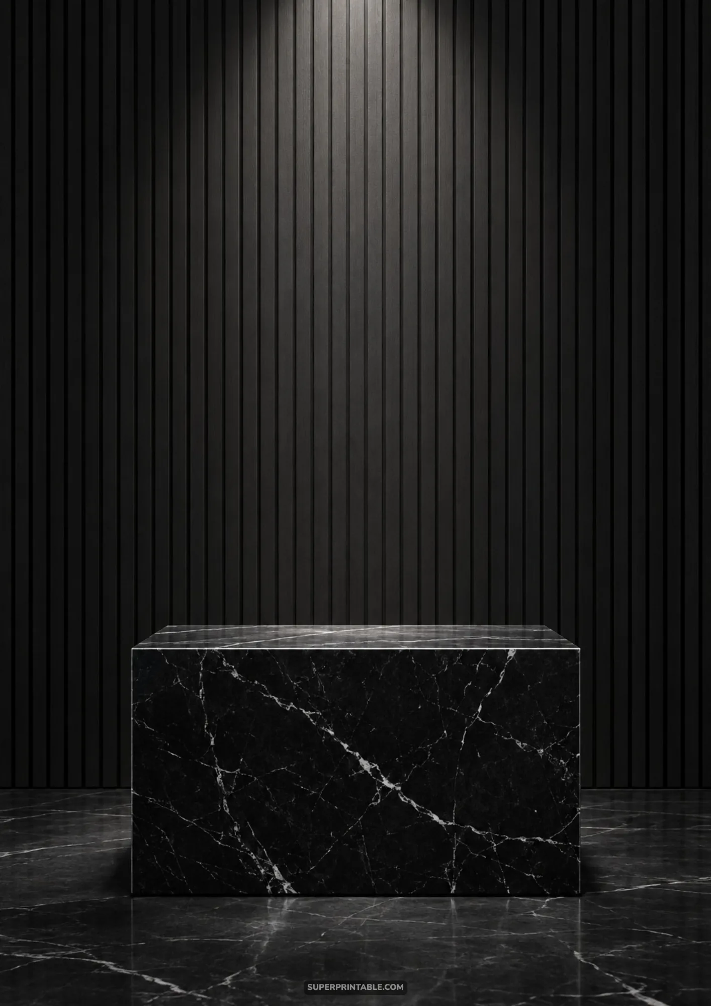 Luxury black marble plinth spotlighted against a dramatic dark vertical wood slat wall backdrop