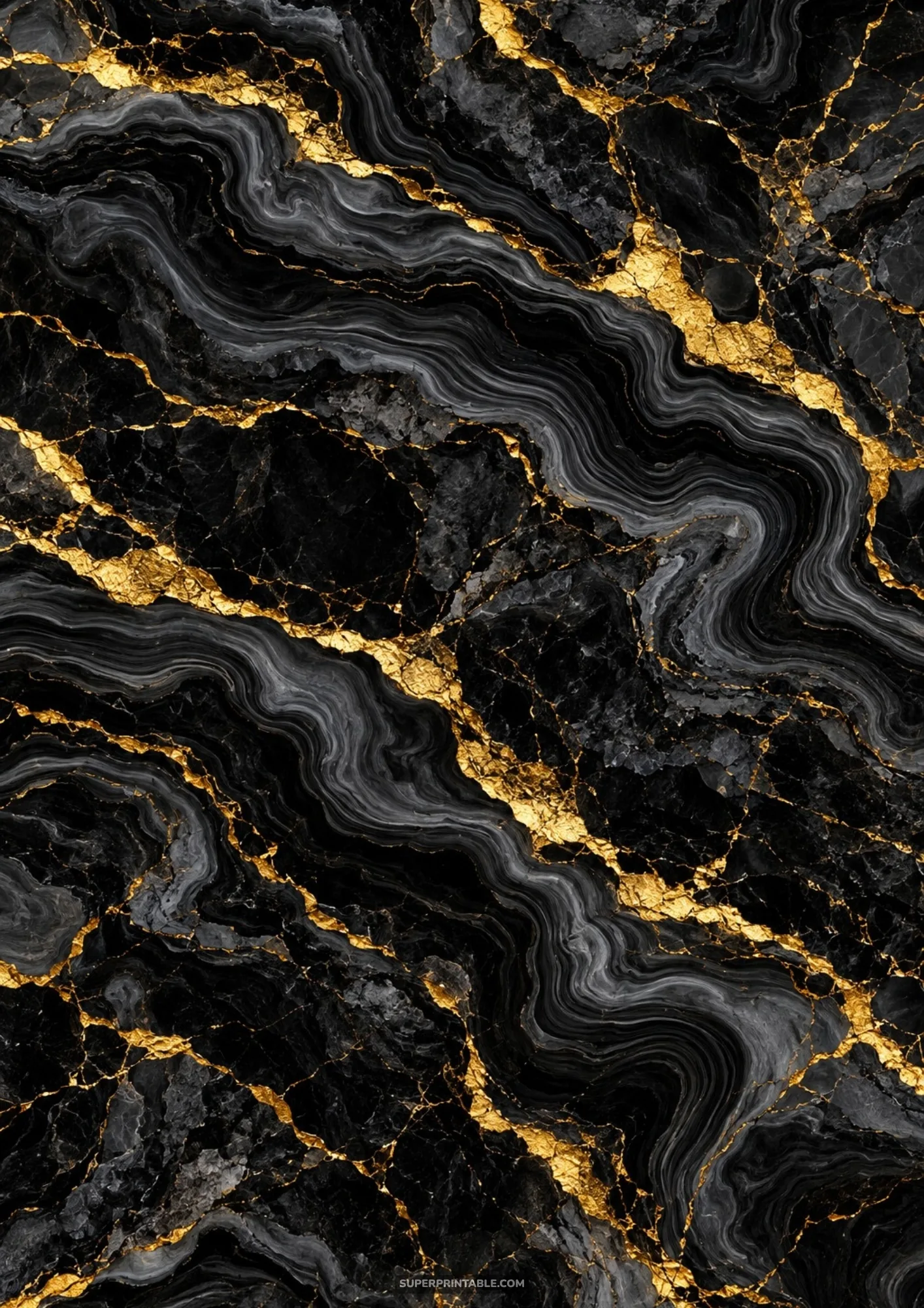 Pitch black obsidian marble background covered in intricate spiderweb fractures of bright gold