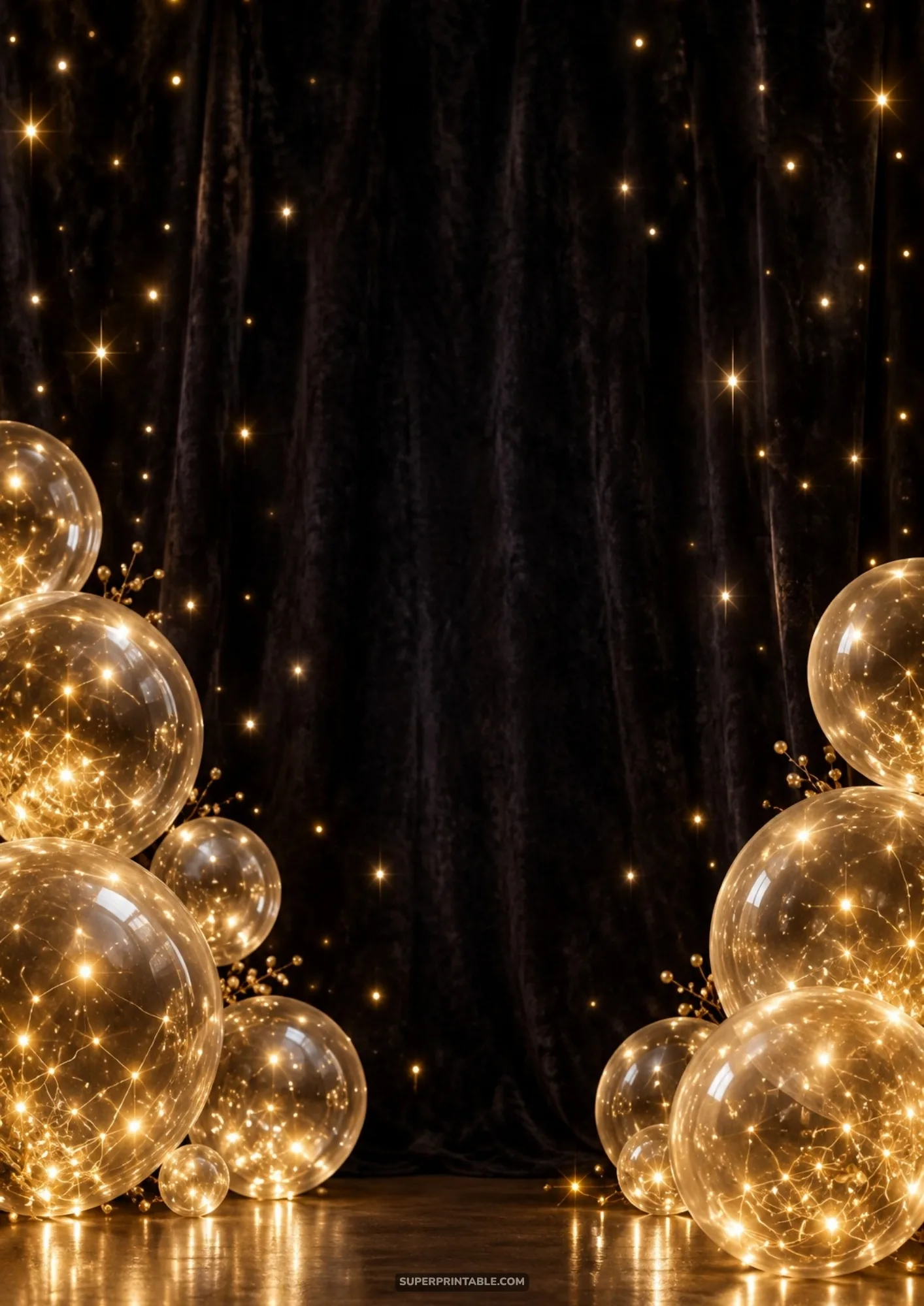 Transparent balloons filled with glowing fairy lights against black velvet drapes