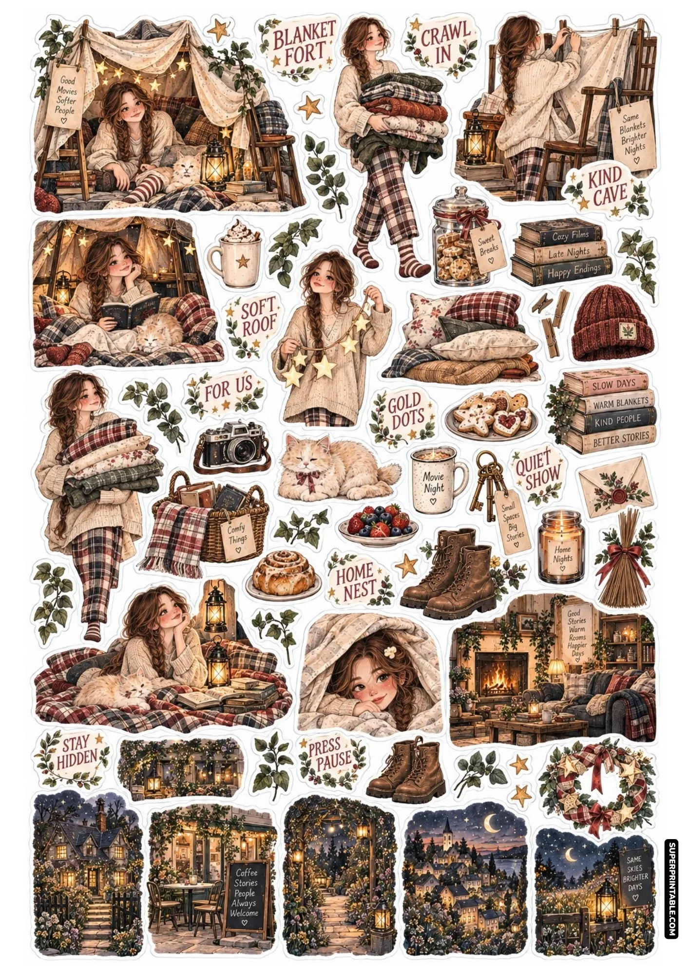 Printable stickers illustrating a girl building a cozy blanket fort adorned with glowing star fairy lights and books.