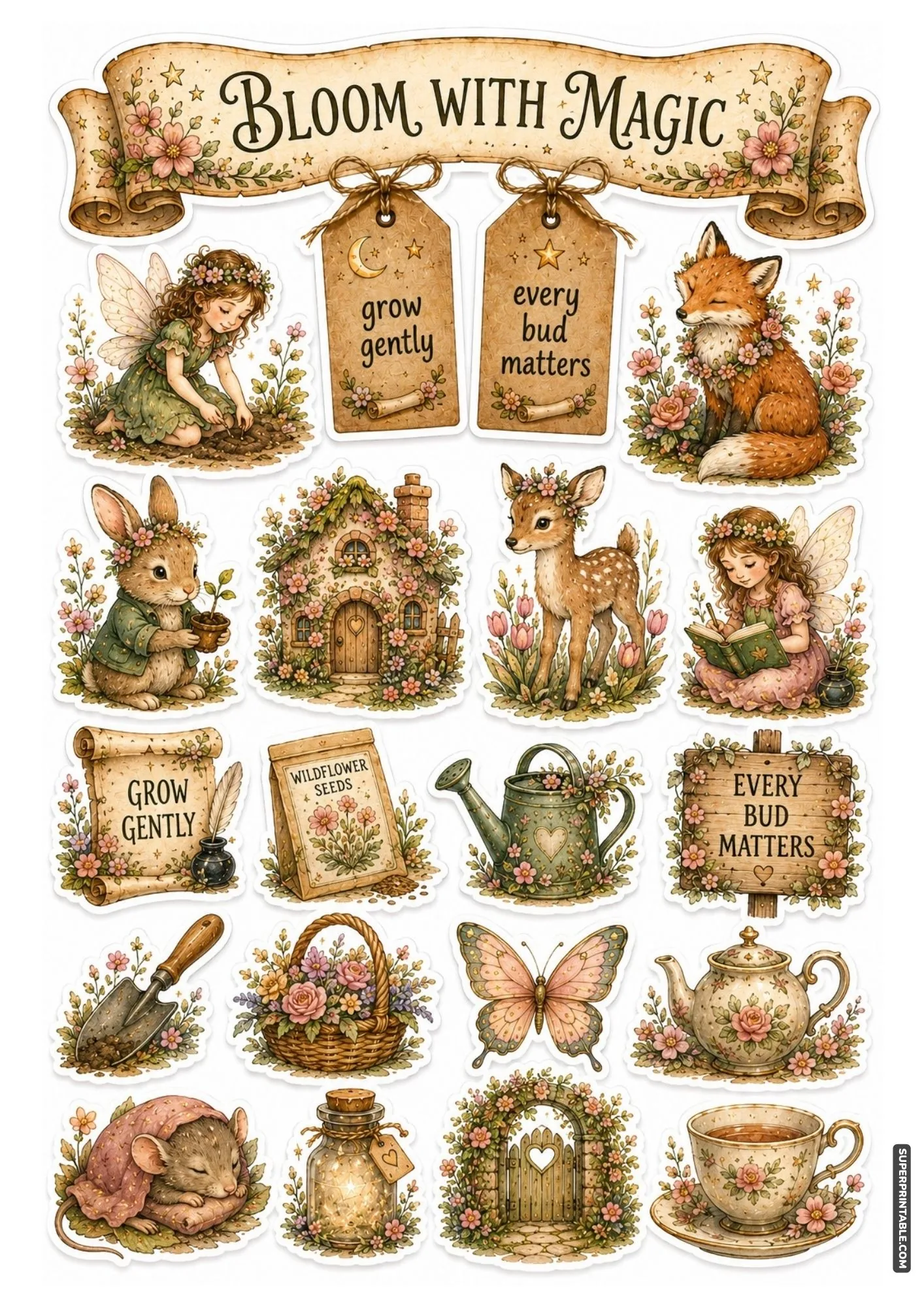 Printable garden fairy stickers with floral wreaths and sweet woodland animals.