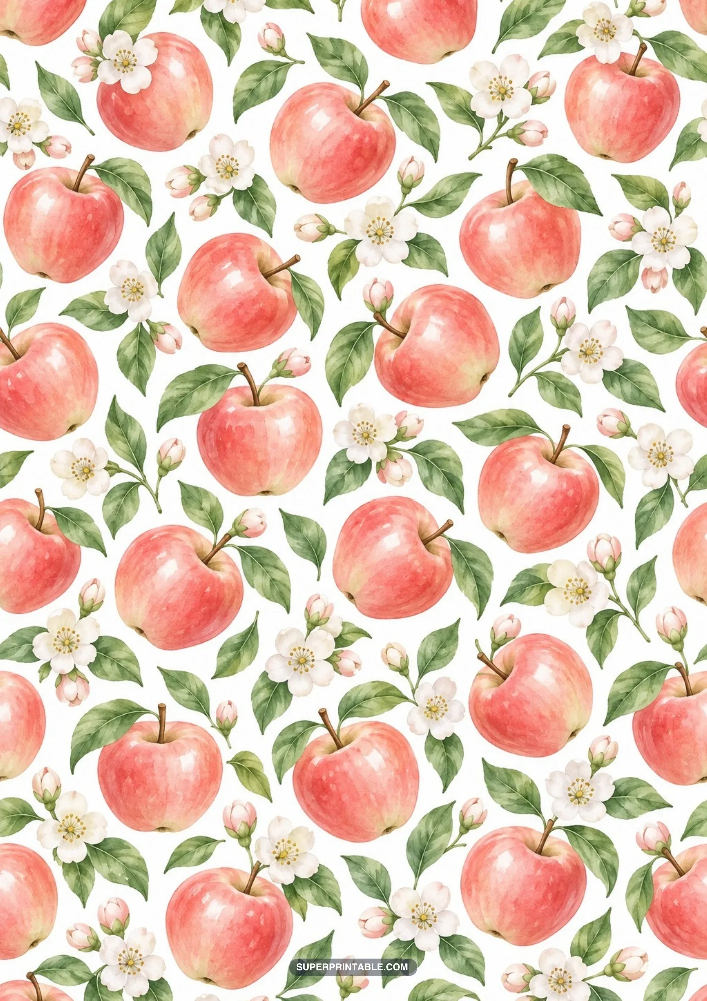 Vibrant pattern of tossed red apples, spring flower clusters, and foliage on white