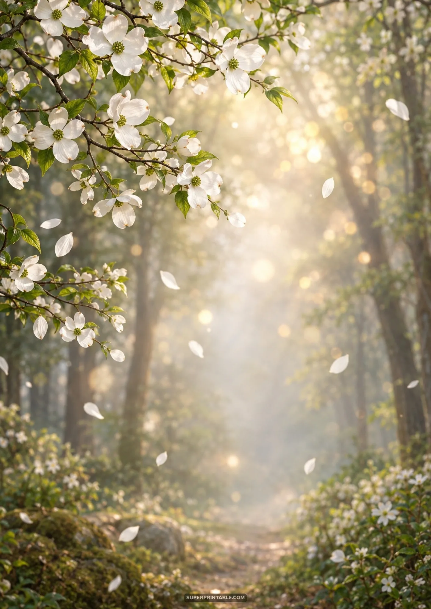Flowering white dogwood branches shedding delicate petals in a sunlit misty forest glade