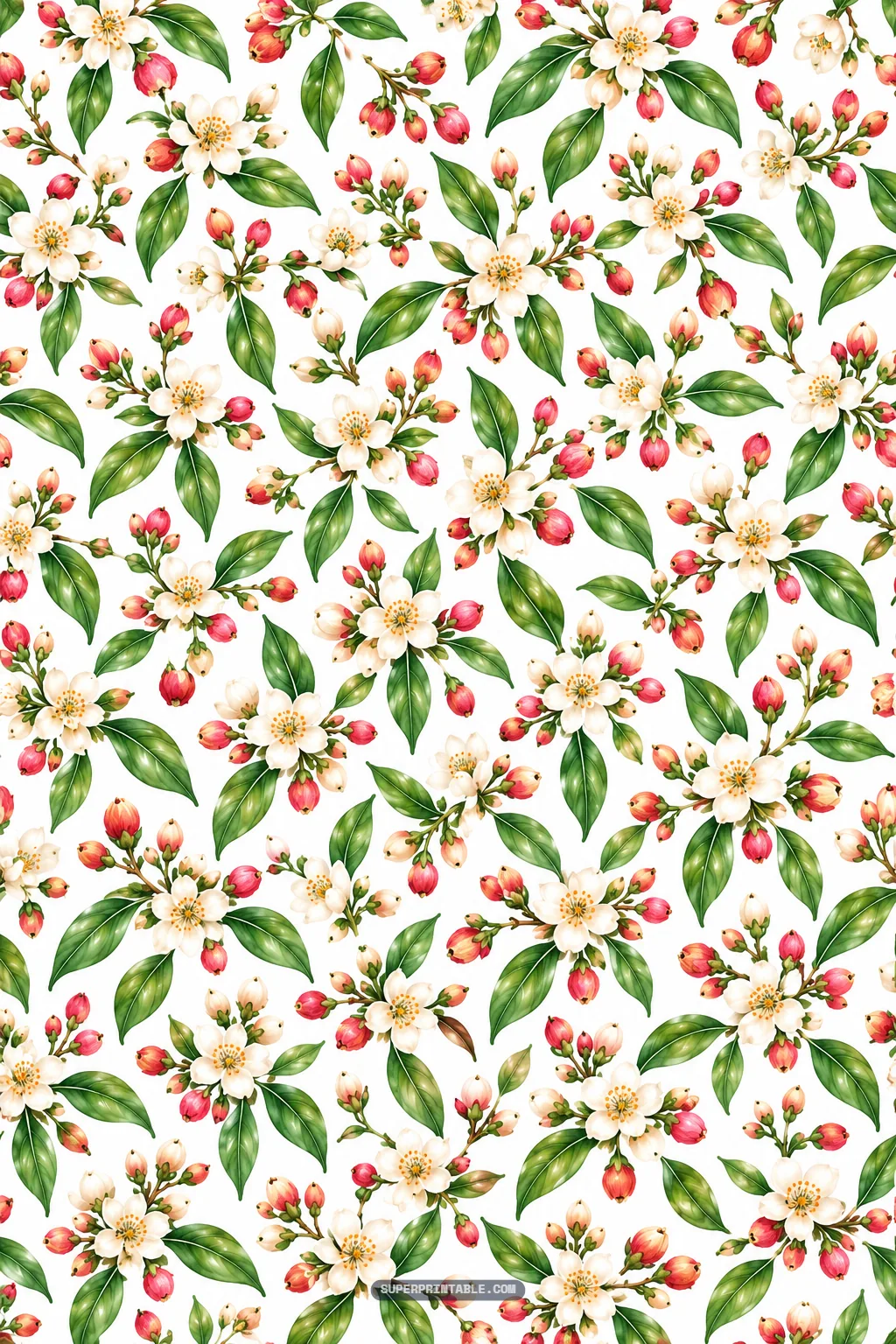 Gentle floral pattern of creamy white orchard blossoms, pink buds, and fresh green botanical leaves.