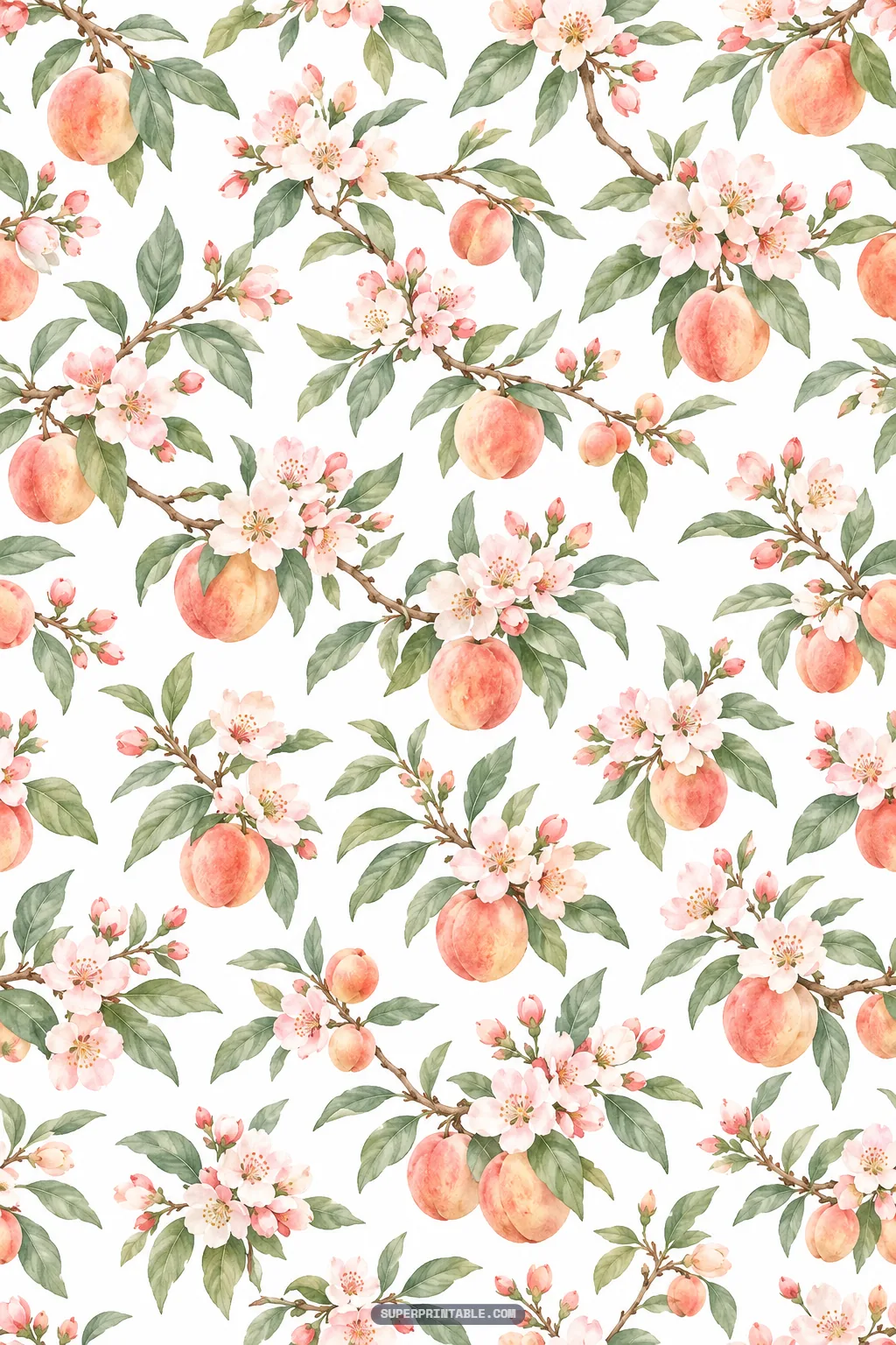 Botanical watercolor peach branches laden with ripe summer fruit, pink blossoms, and green leaves