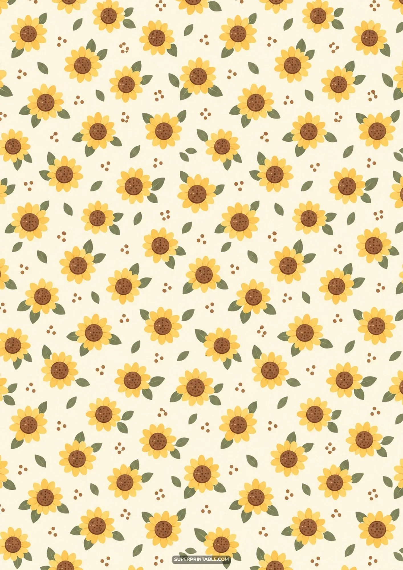 Blooming yellow sunflowers and small green leaves scattered across a light cream surface