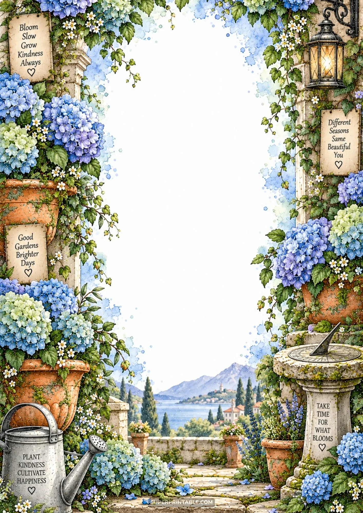 Lush blue hydrangeas in terracotta pots beside a carved stone sundial overlooking a sunny garden terrace