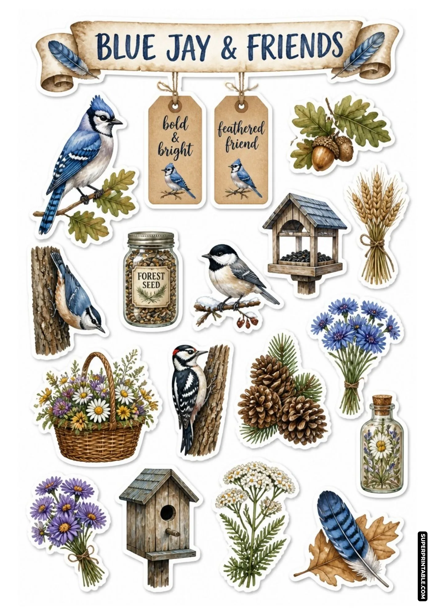 Blue jay bird stickers alongside nuthatches, oak acorns, blue feathers, and bird feeders.