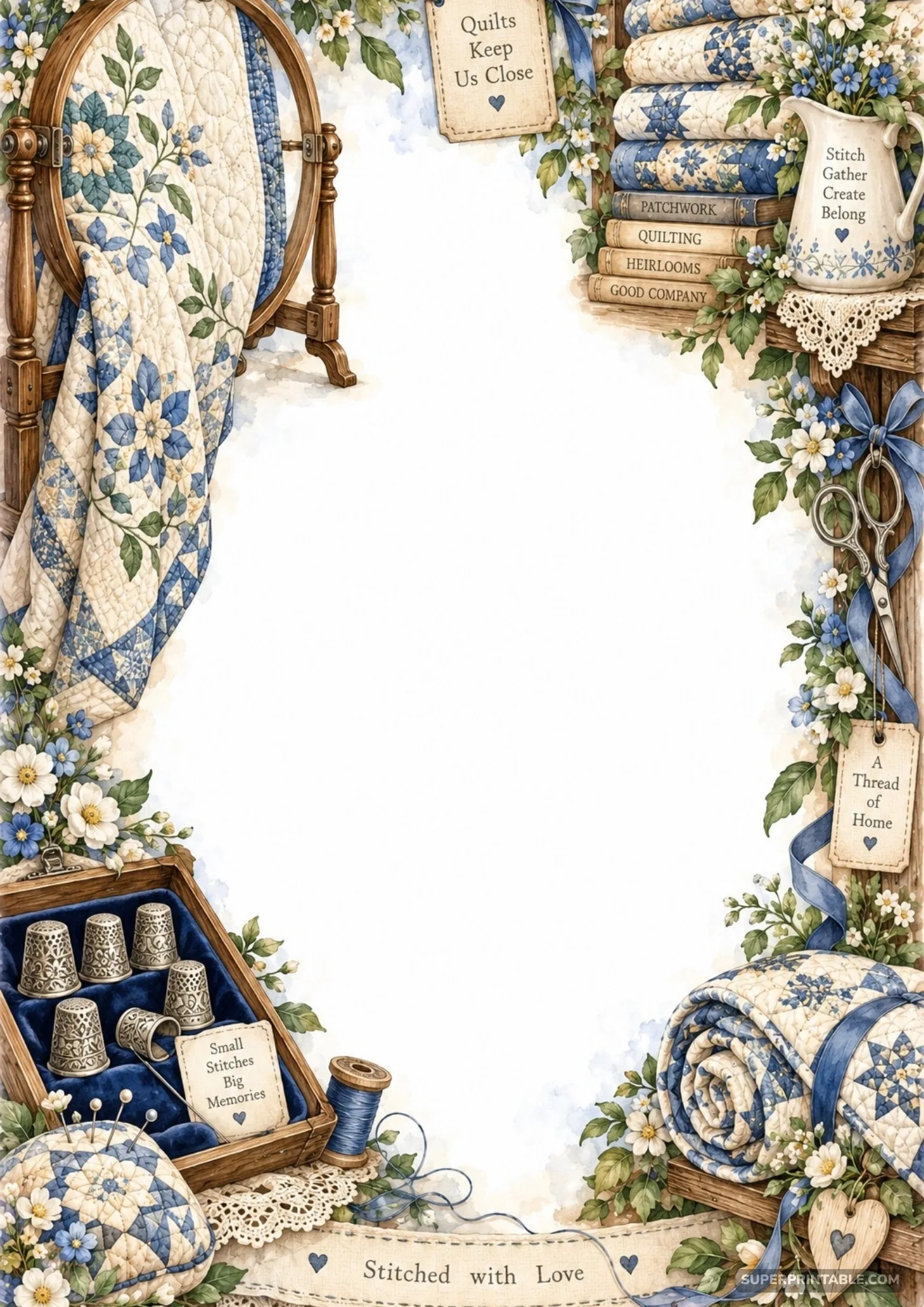 Classic blue patchwork quilt stationery border with silver thimbles in a display box and delicate forget-me-nots.