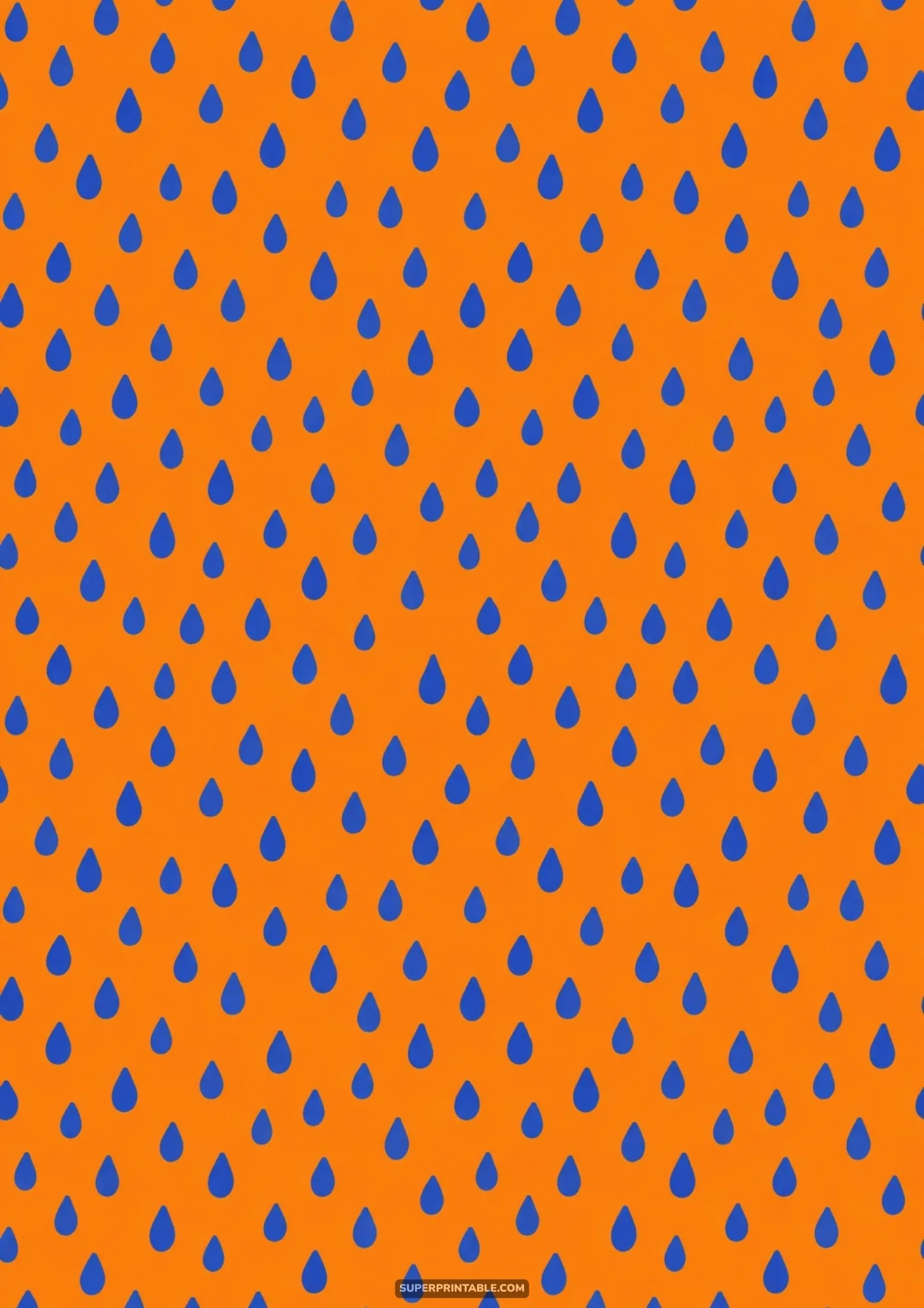 Bright cobalt blue raindrop silhouettes scattered on a warm orange background