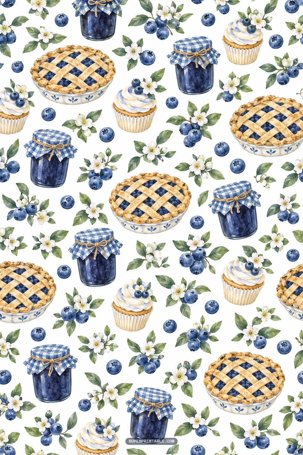 Watercolor blueberry bakery pattern with lattice crust pies, frosted cupcakes, and gingham-topped jam jars