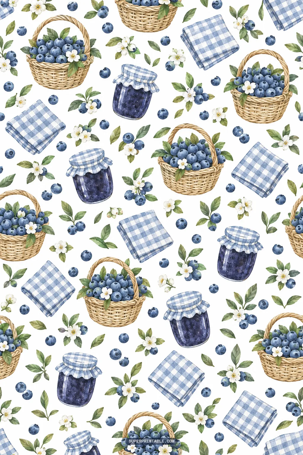 Rustic wicker baskets filled with berries, glass jam jars, and blue checkered napkins on a seamless white surface