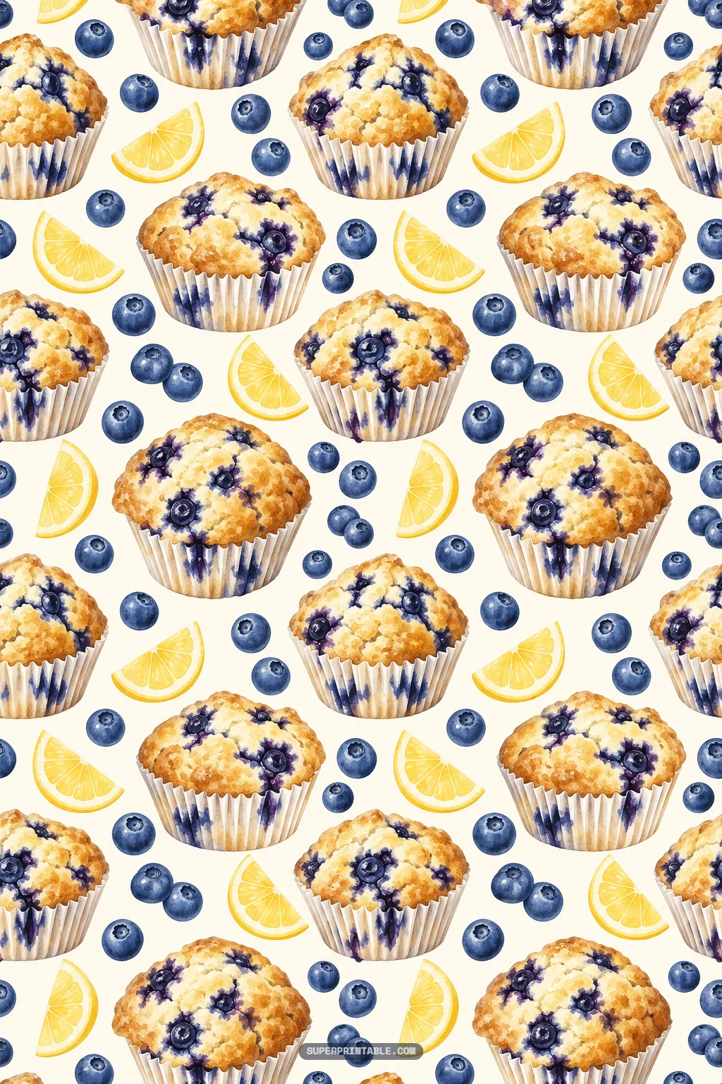 Freshly baked golden blueberry muffins in pleated paper liners with lemon wedges and scattered berries