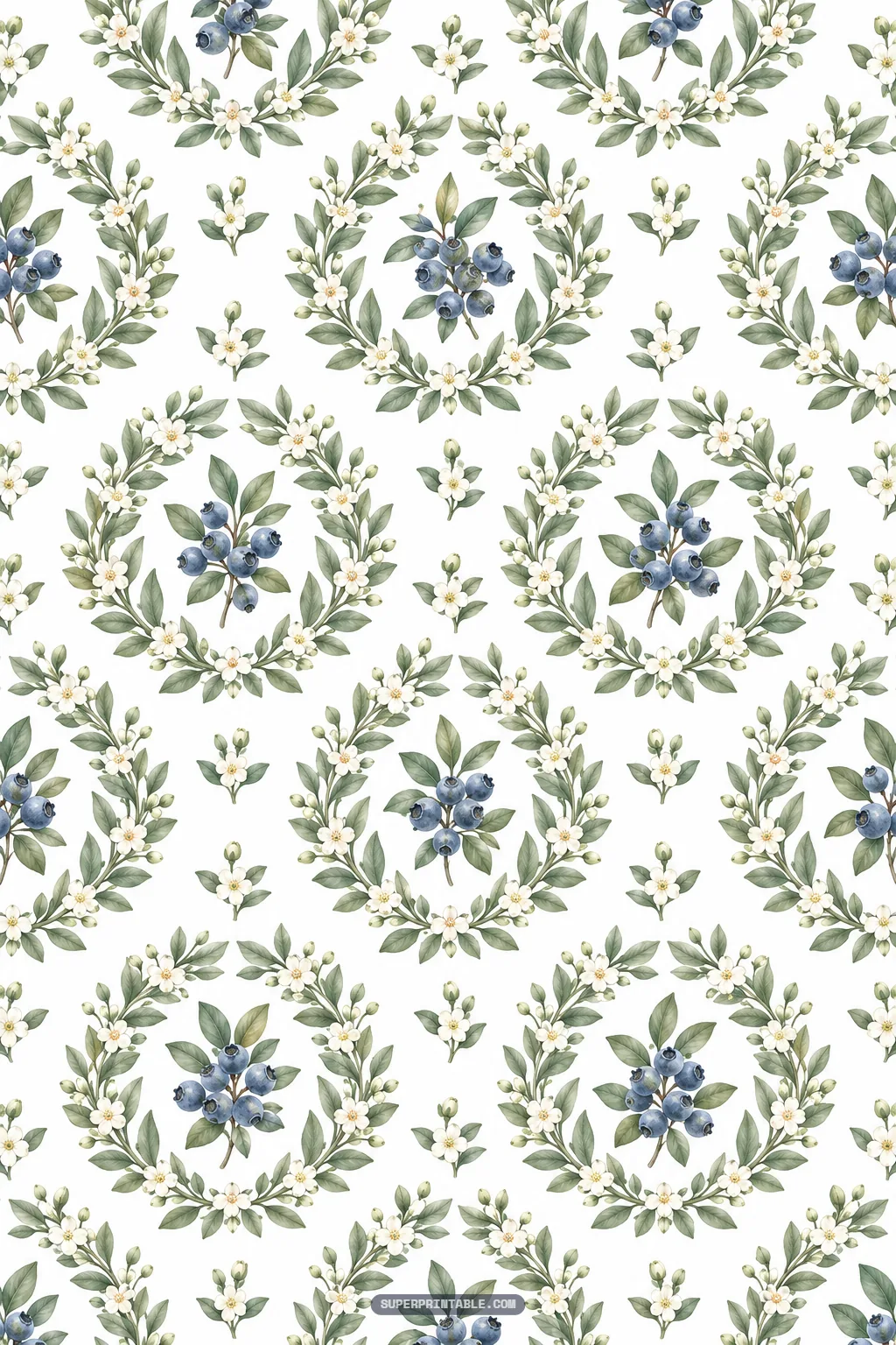 Blueberry meadow digital paper featuring repeating watercolor berry wreaths with white blossoms and lush green foliage