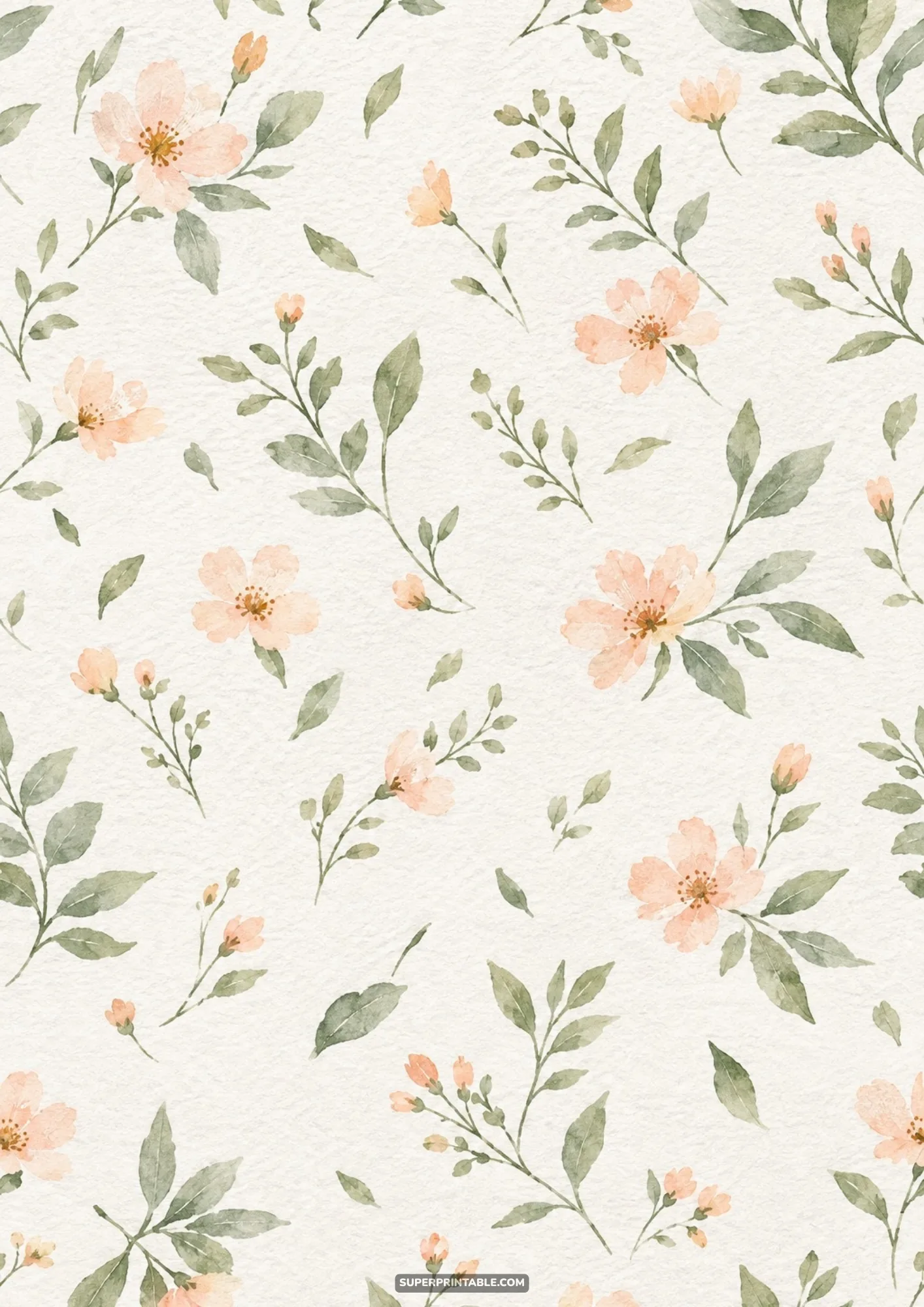Blush peach watercolor flowers and muted green leaves scattered on warm cream paper