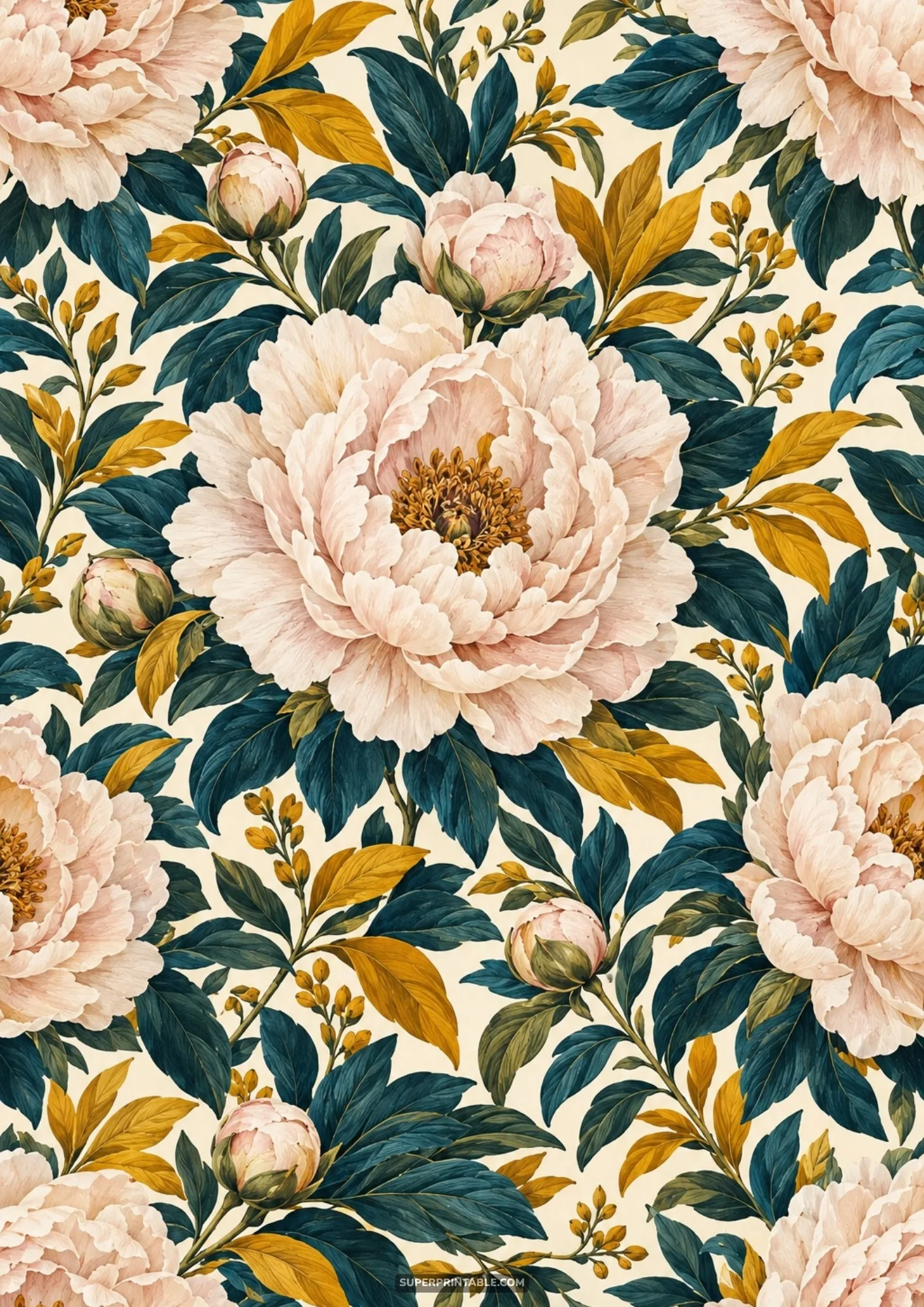 Vintage painterly floral digital papers featuring lush blush pink peonies and golden ochre leaf accents