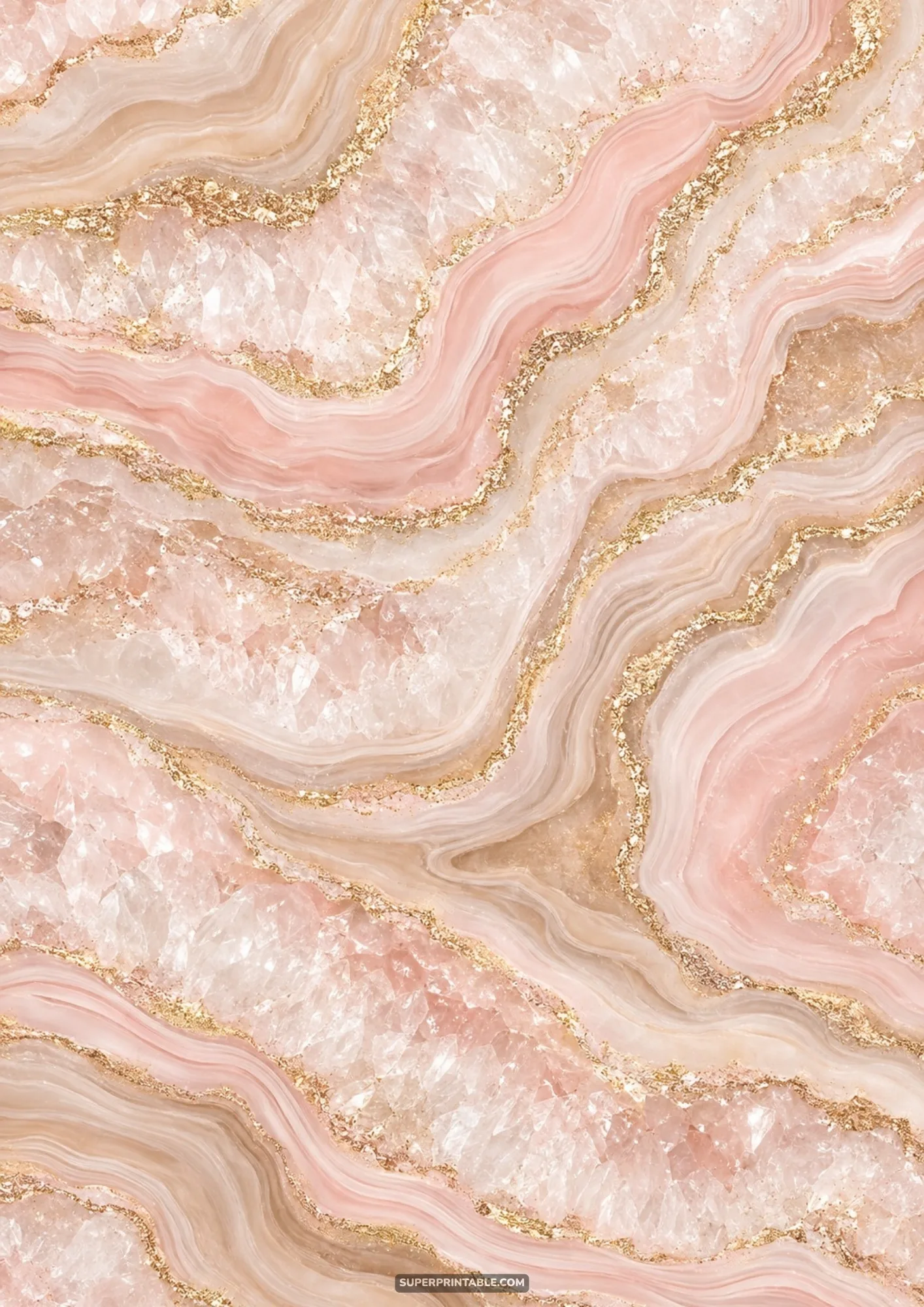 Pale blush pink and rose quartz agate cross-section with crystal druzy and gold glitter veins
