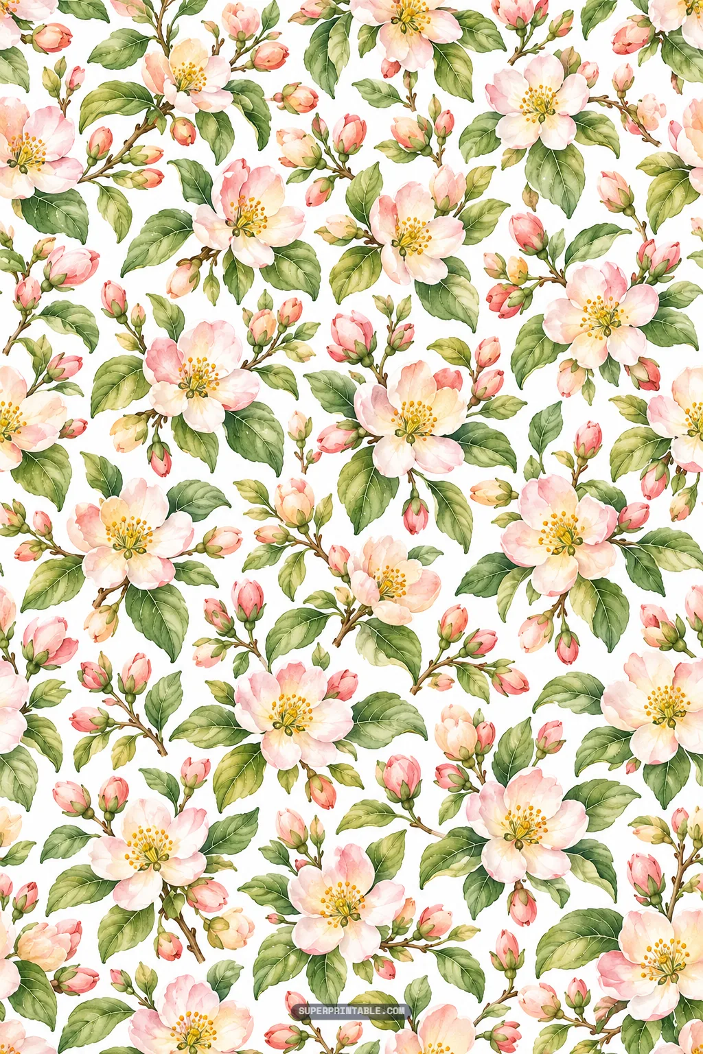 Delicate pink quince orchard flowers and budding botanical stems pattern