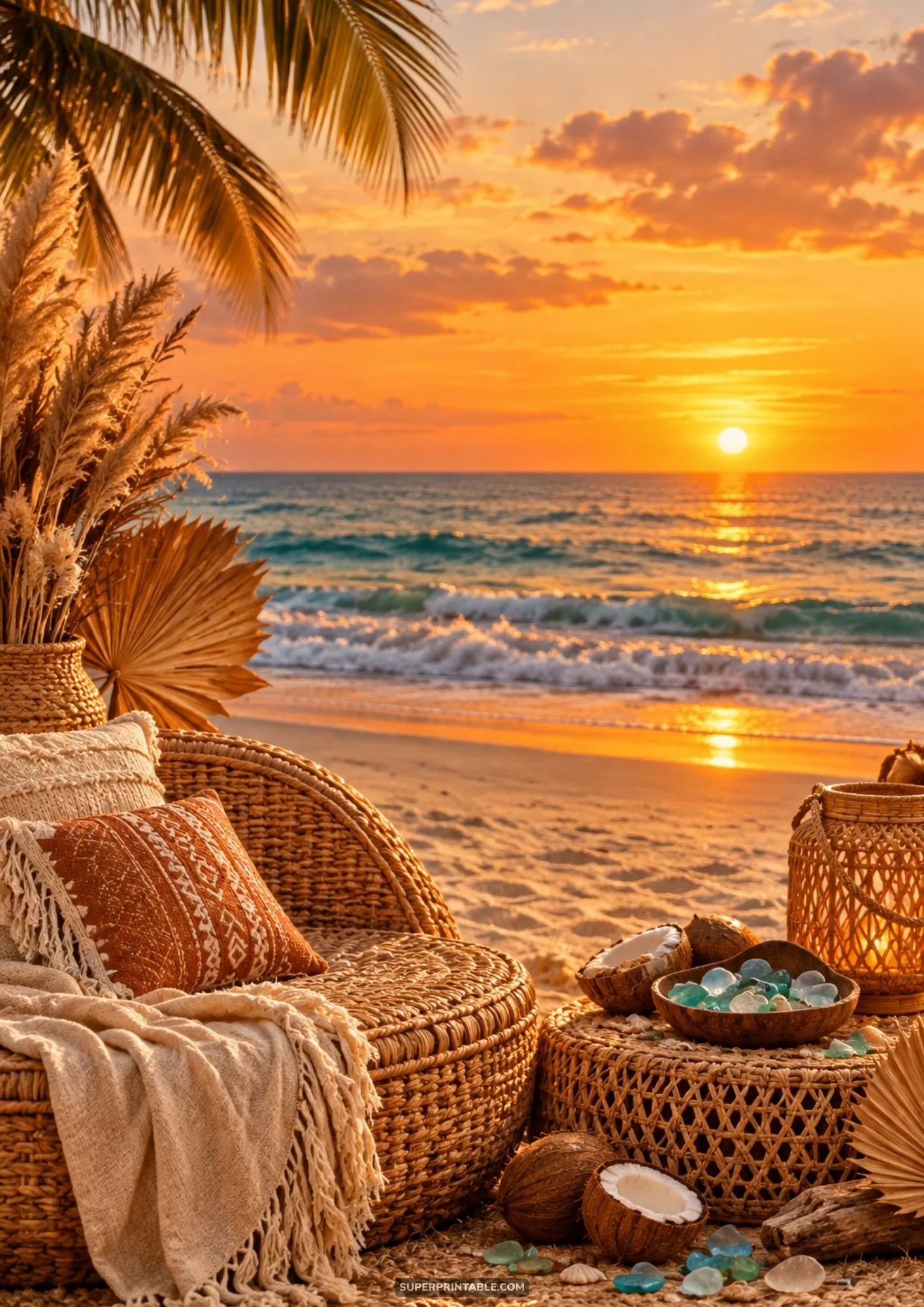 Warm boho beach lounge with wicker furniture and coconuts at sunset