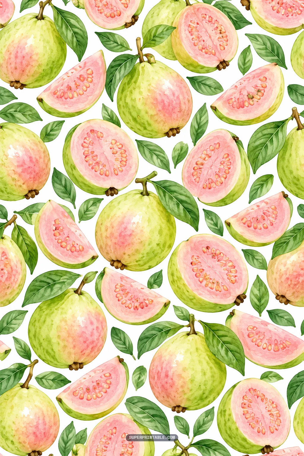 Lush pattern of whole guavas, juicy cut halves, and wedges showing pink pulp