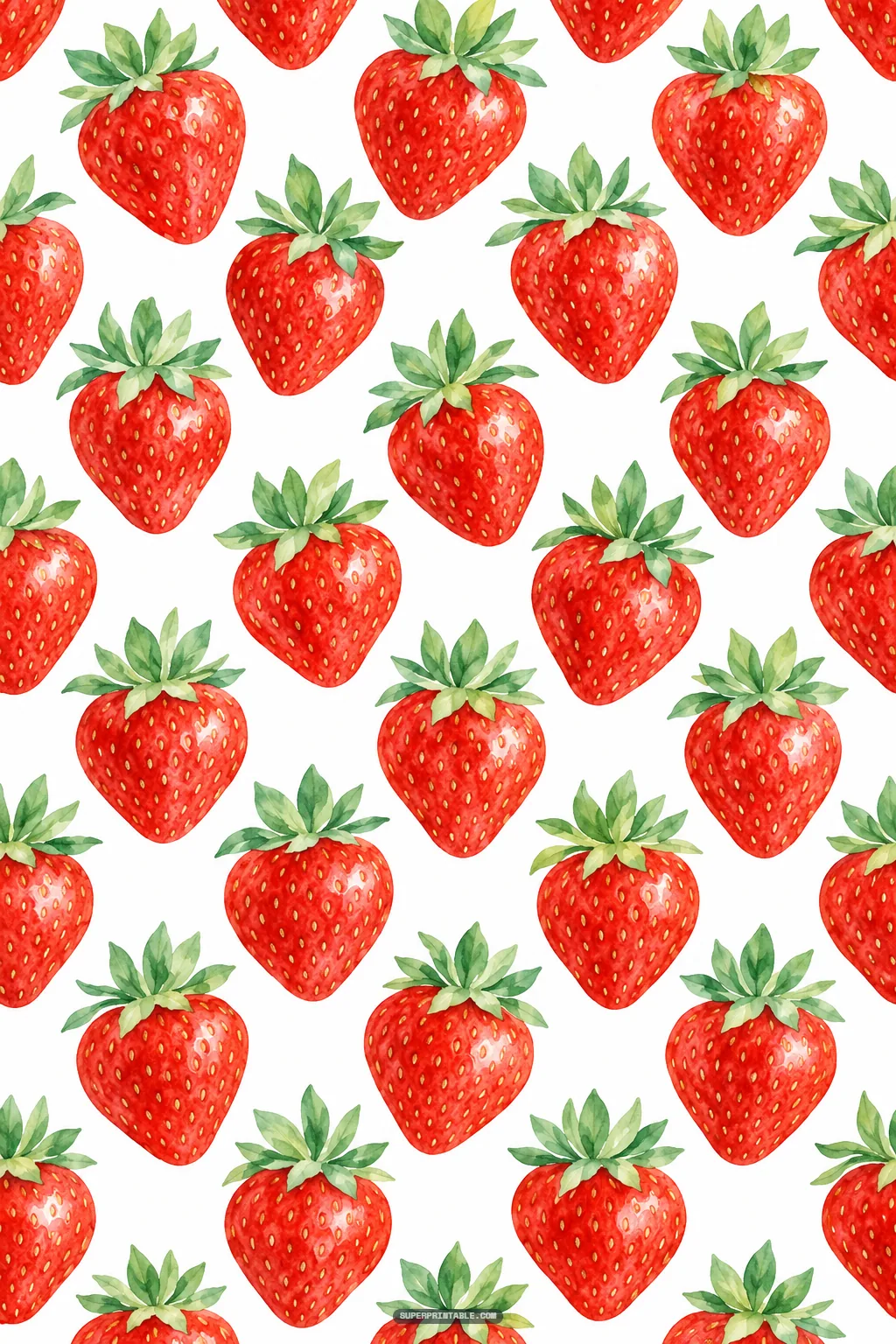 Diagonal rows of large plump watercolor strawberries with leafy green stems on white
