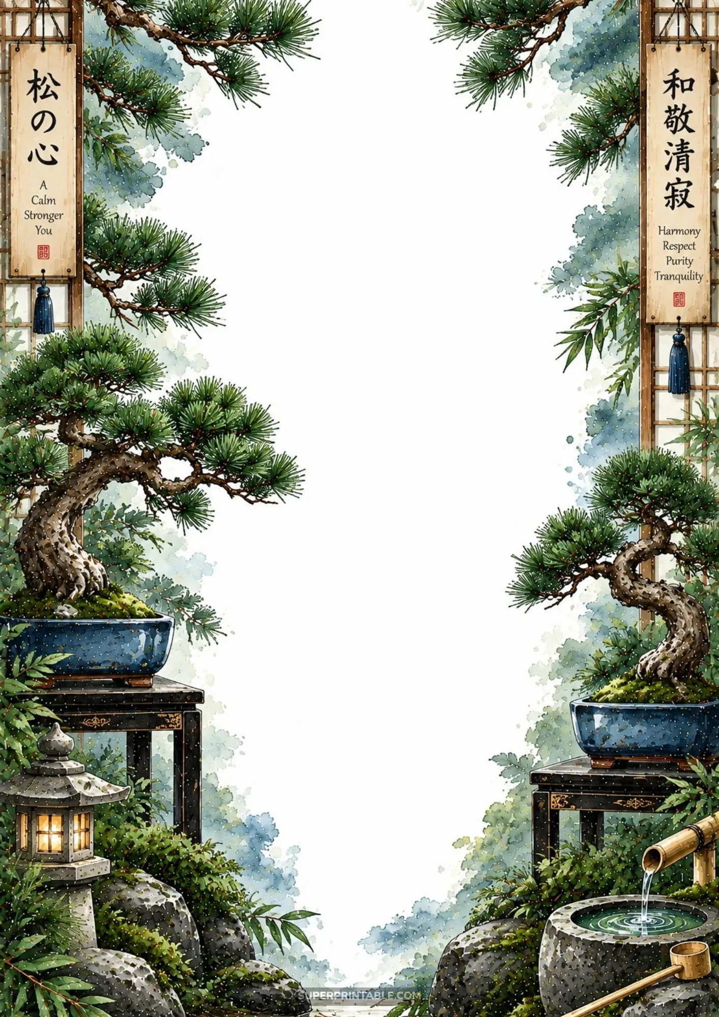 Potted pine bonsai trees in ceramic planters with glowing lantern on a Japanese zen garden border sheet.
