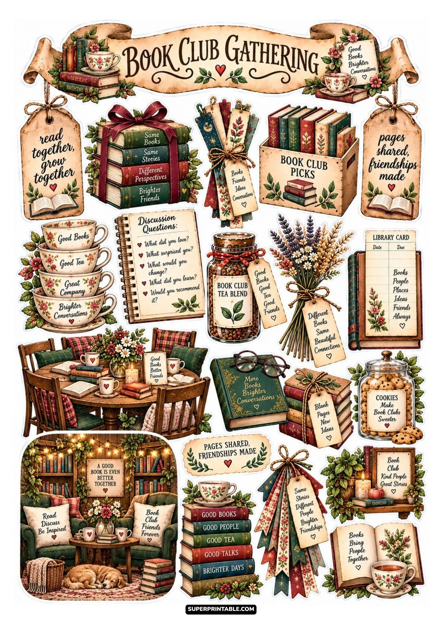 Book club gathering sticker sheet featuring tea cups, discussion guides, cookie jars, and cozy seating.