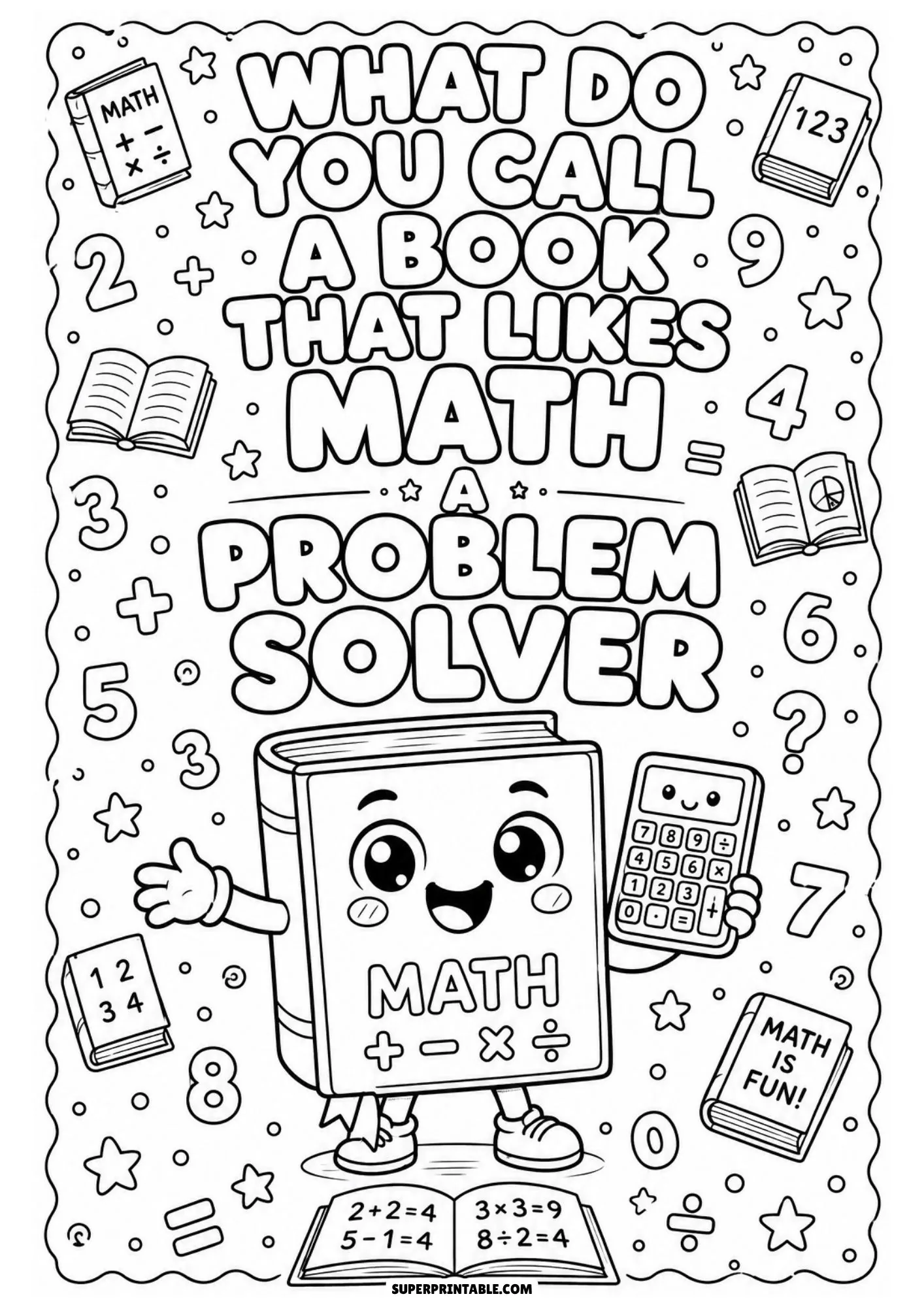 Cute animated math book holding a calculator surrounded by floating numbers.