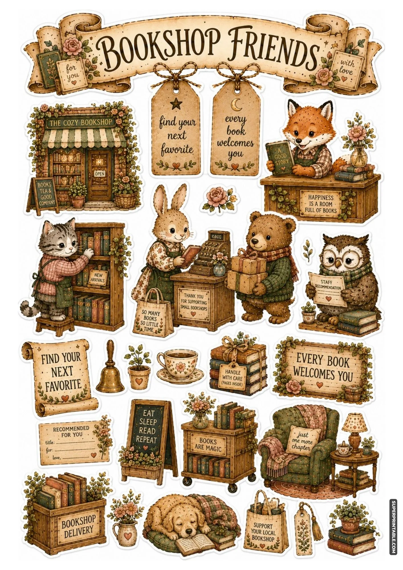 Cute bookshop sticker collection showing animals running a cozy bookstore and managing wooden bookshelves.