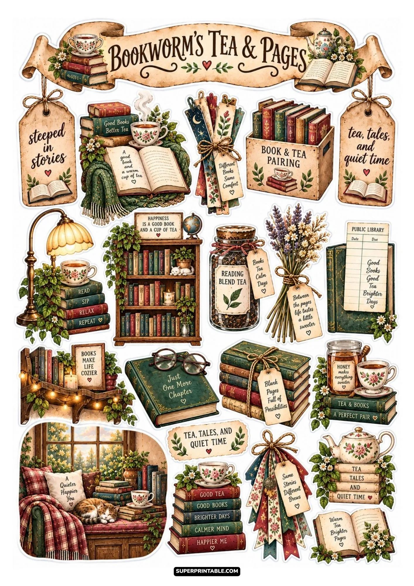 Bookworm tea and pages sticker sheet with warm teacups, floral bouquets, and cozy book alcoves.